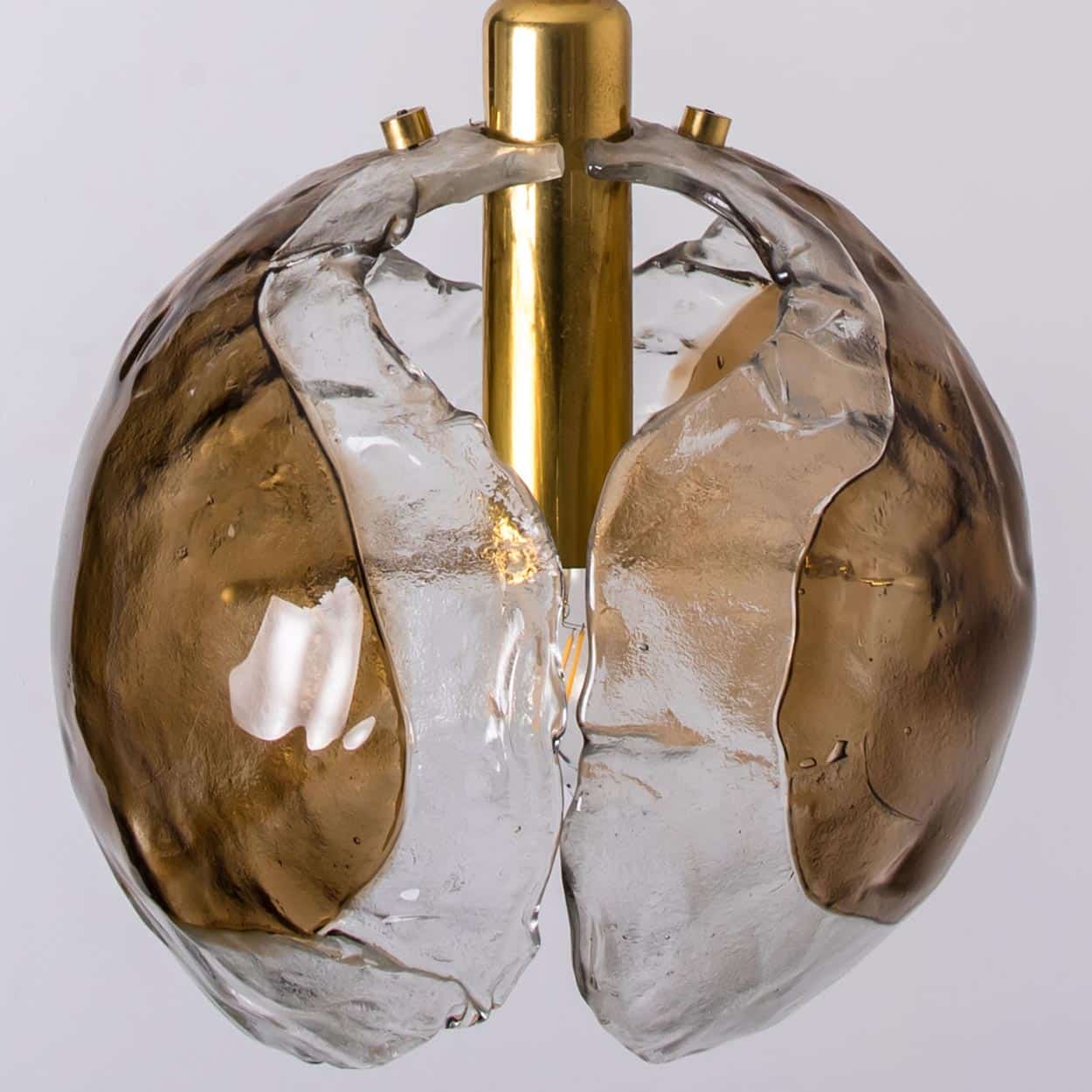 1 of the 2 Kalmar Chandelier Pendant Lights, Gold Brass Smoked Glass, 1970s