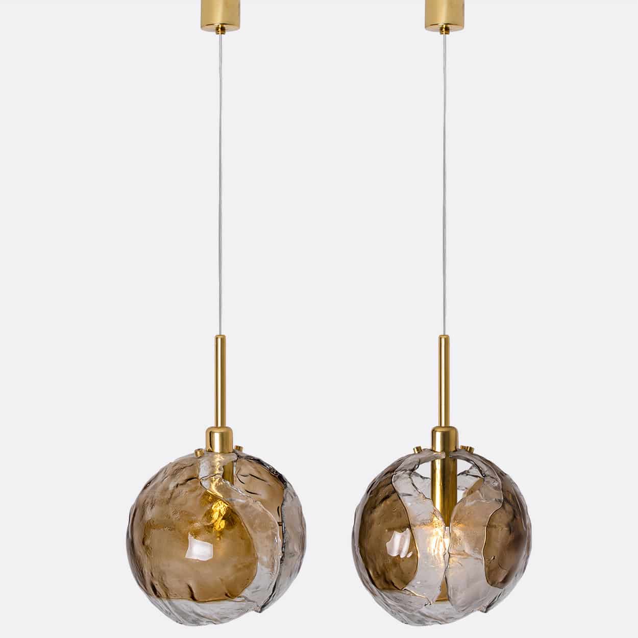 1 of the 2 Kalmar Chandelier Pendant Lights, Gold Brass Smoked Glass, 1970s