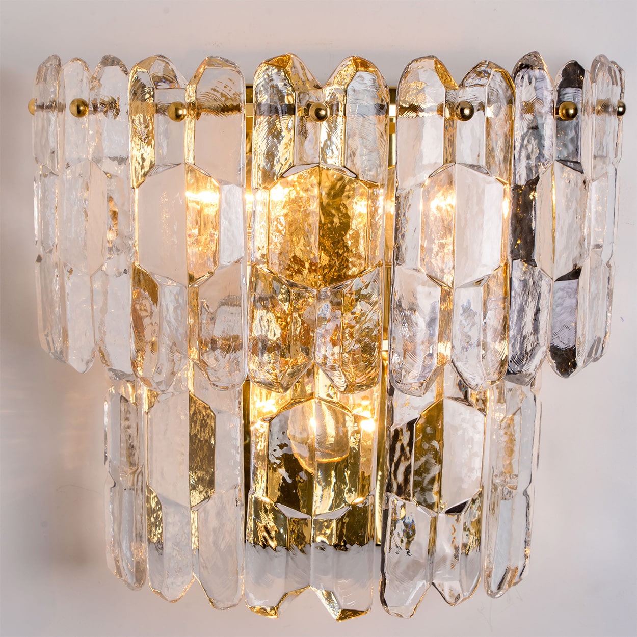 XL Pair of J.T. Kalmar 'Palazzo' Wall Light Fixtures Gilt Brass and Glass