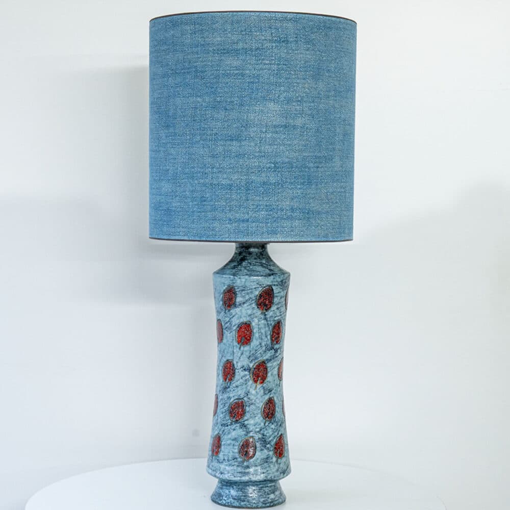 Large Blue Ceramic Lamp with Red Dots, Custom Matching Lampshade by R. Houben