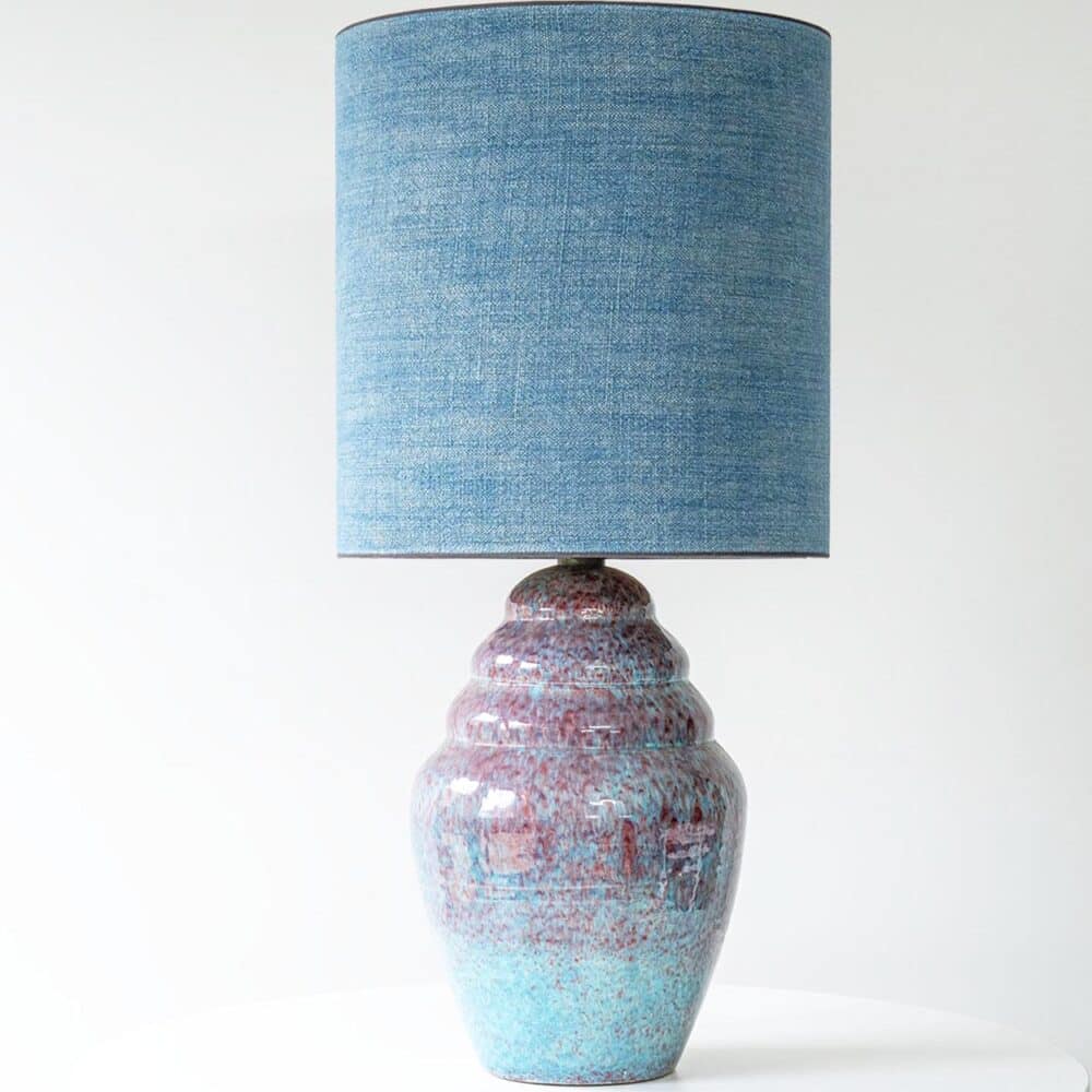 Speckled Multicolor Ceramic Lamp, Custom Deep Teal Lampshade by R. Houben