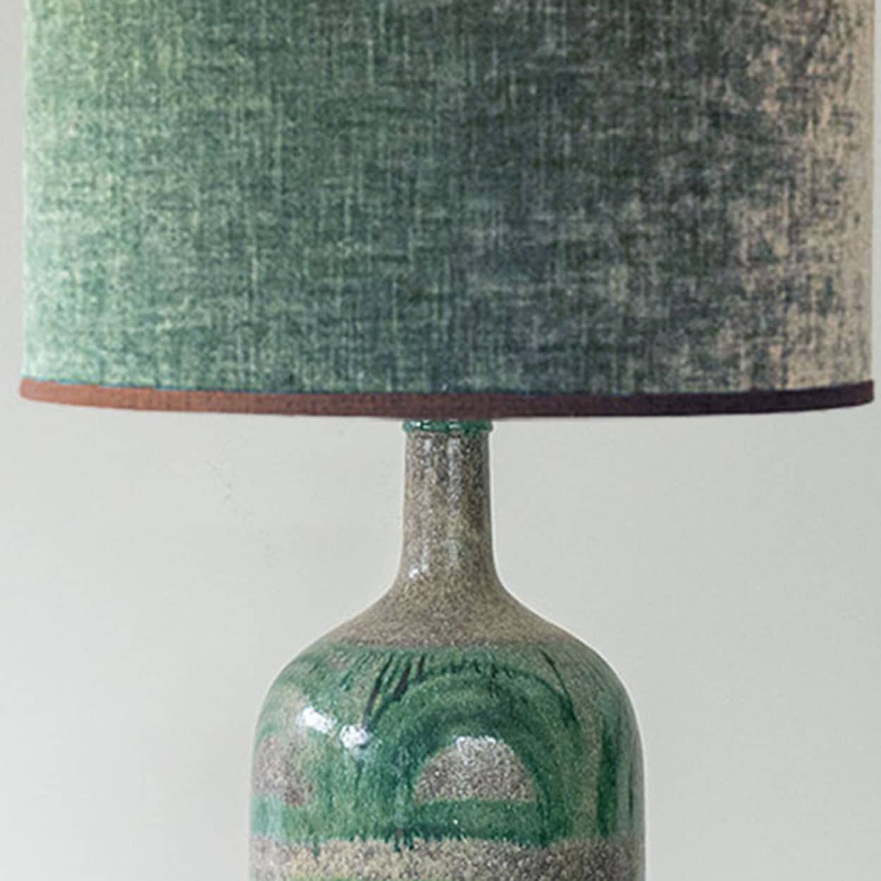 Green Ceramic Floor Table Lamp, Custom Green Lampshade by R. Houben