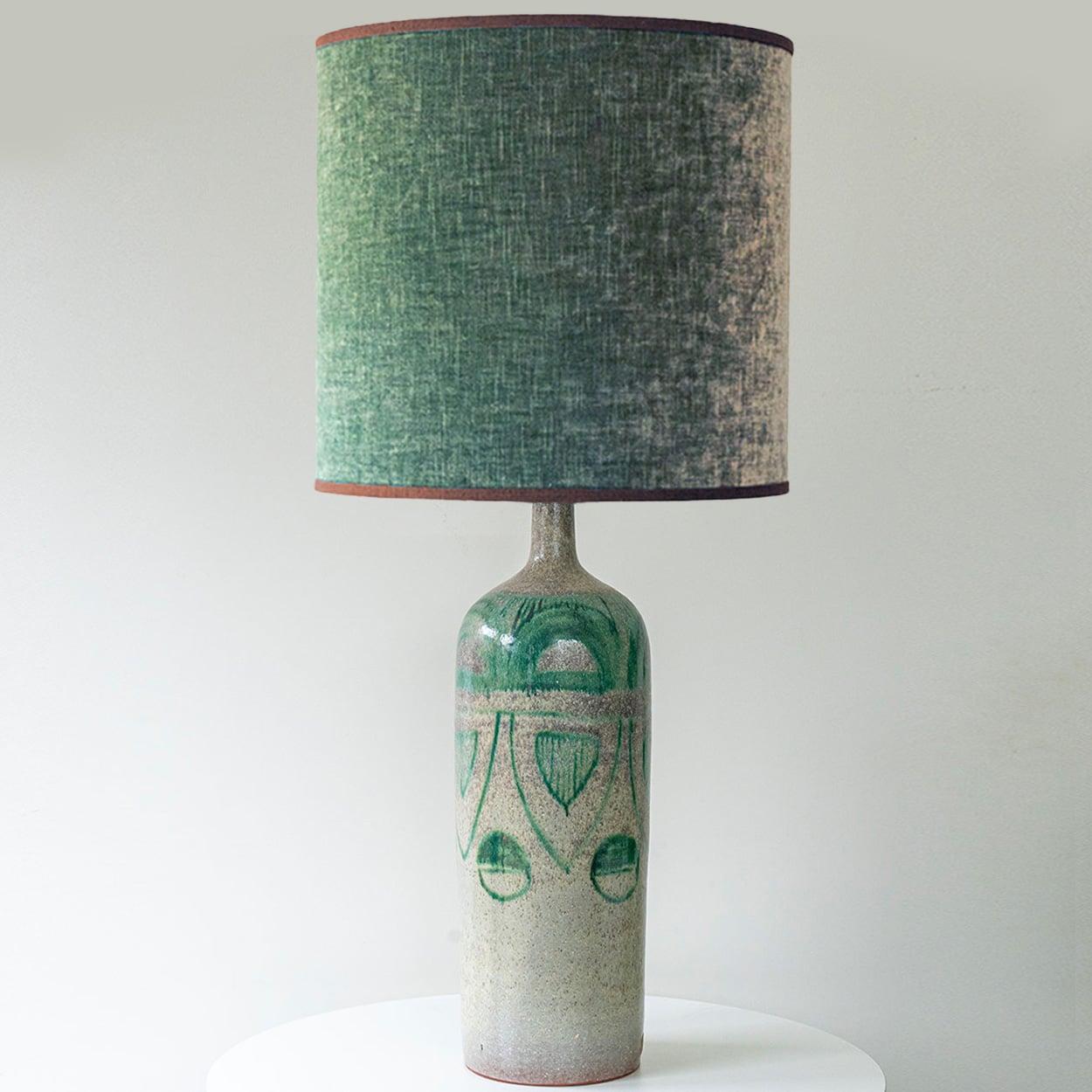 Green Ceramic Floor Table Lamp, Custom Green Lampshade by R. Houben