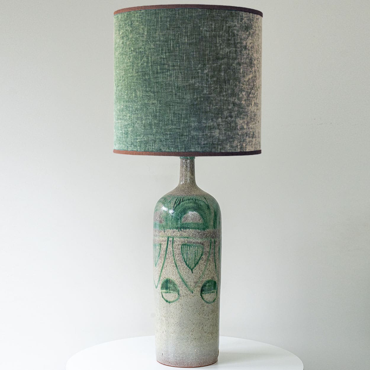 Green Ceramic Floor Table Lamp, Custom Green Lampshade by R. Houben