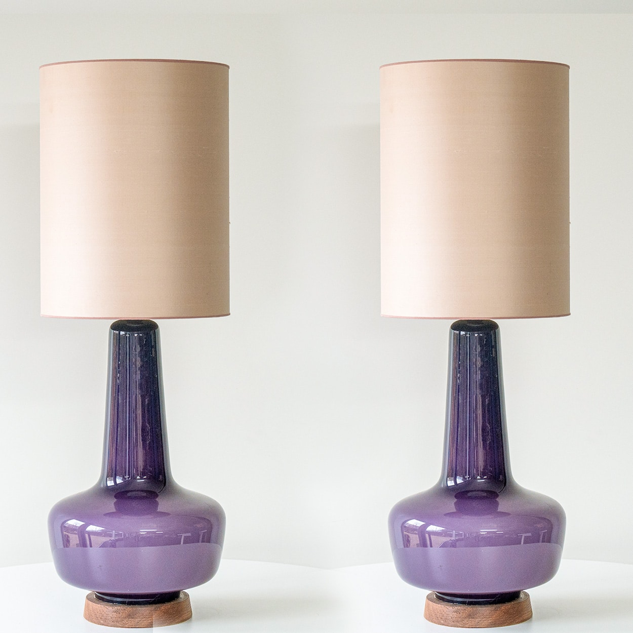 1 of the 2 Holmegaard Lilac Ceramic Lamps, Custom Silk Lampshades by R. Houben