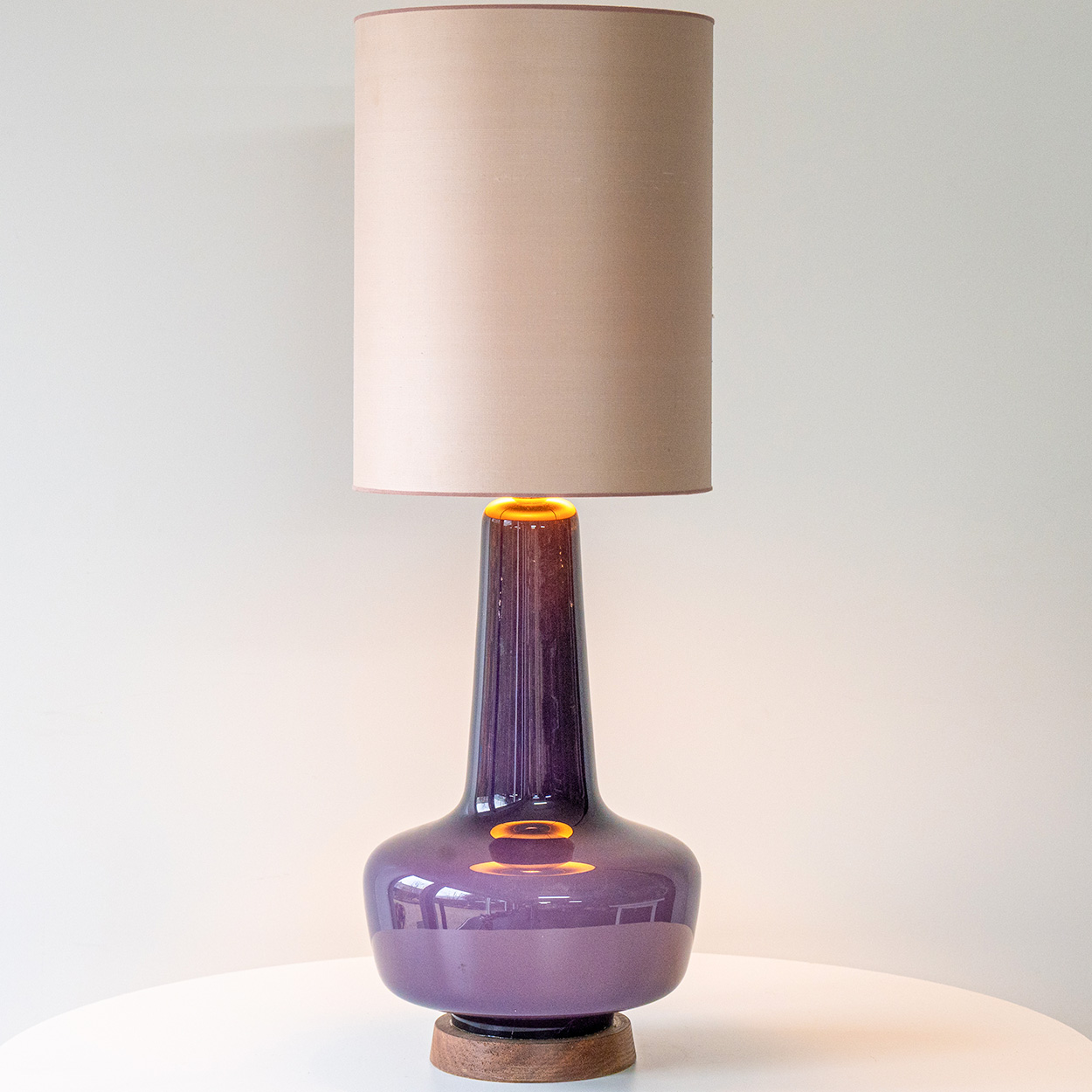 1 of the 2 Holmegaard Lilac Ceramic Lamps, Custom Silk Lampshades by R. Houben