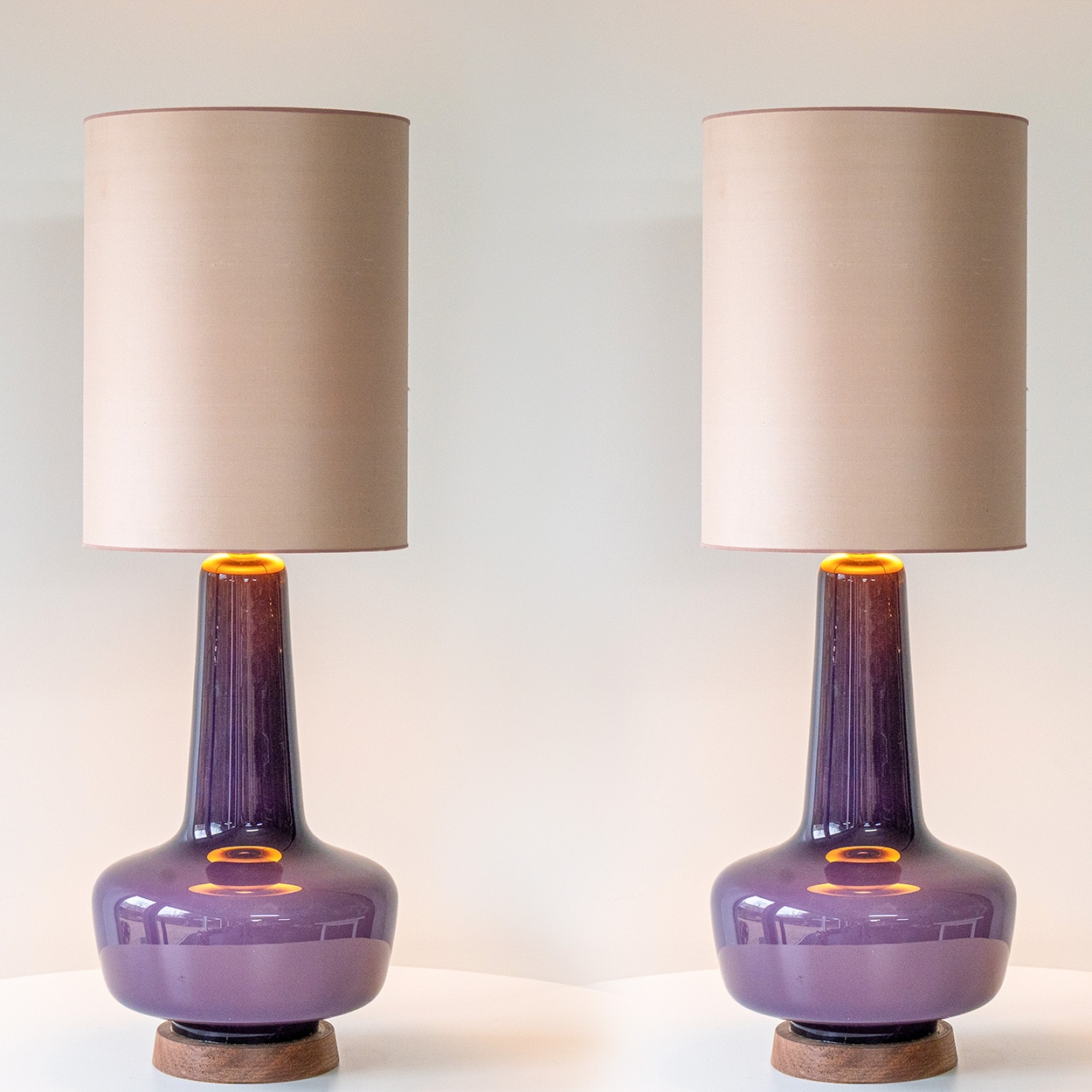 1 of the 2 Holmegaard Lilac Ceramic Lamps, Custom Silk Lampshades by R. Houben