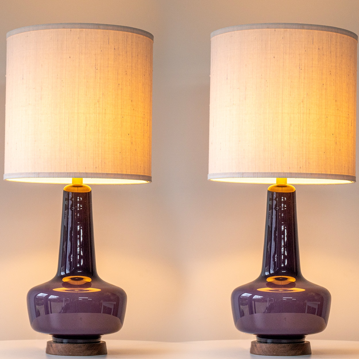 1 of the 2 Holmegaard Lilac Ceramic Lamps, Custom White Lampshades by R. Houben