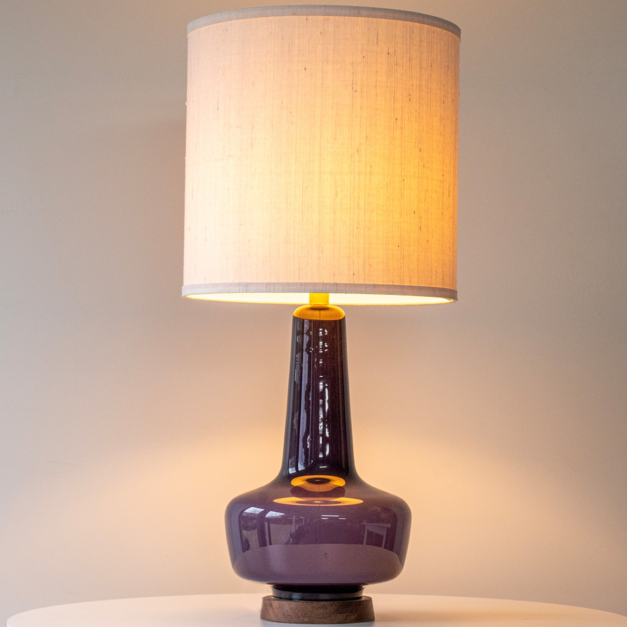 1 of the 2 Holmegaard Lilac Ceramic Lamps, Custom White Lampshades by R. Houben