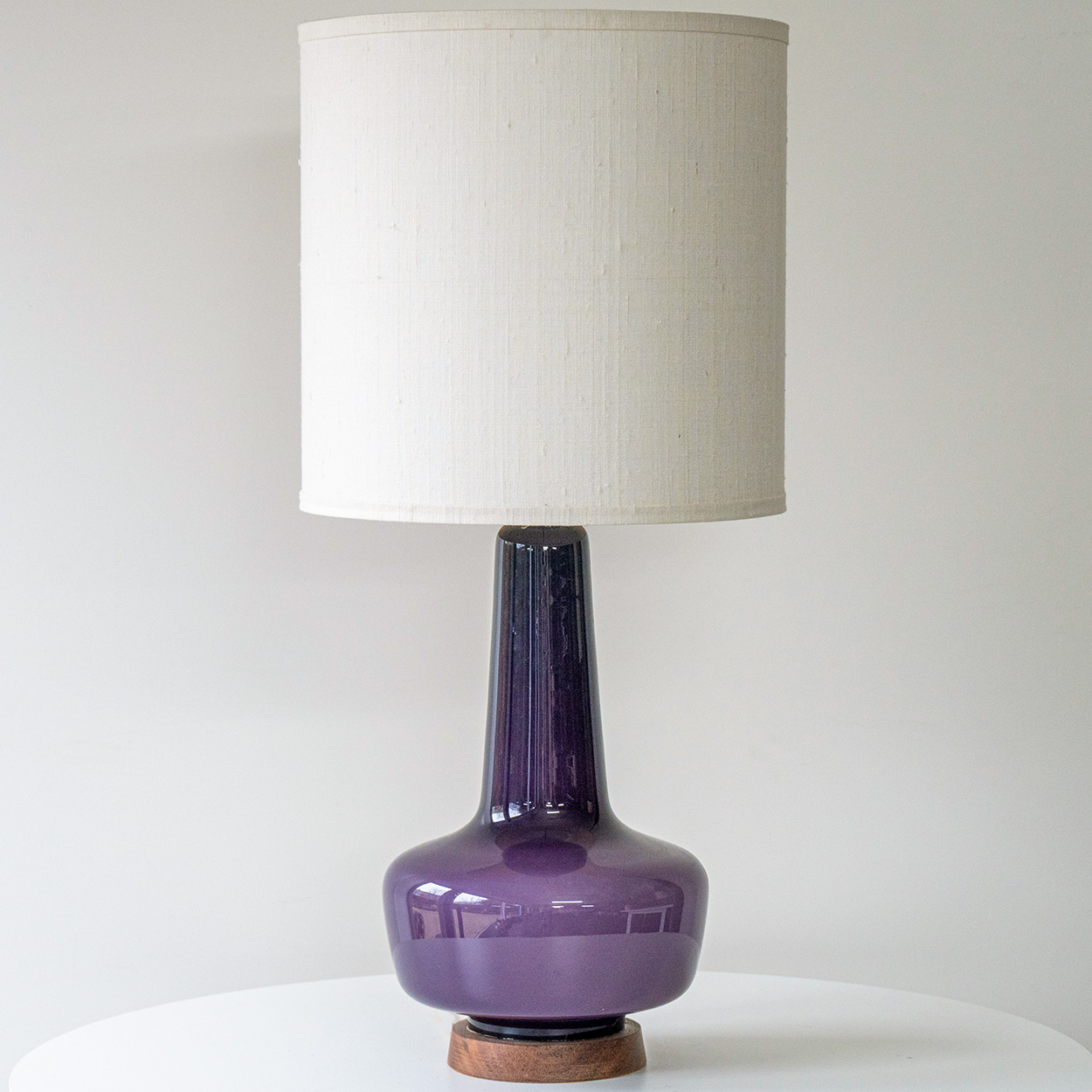 1 of the 2 Holmegaard Lilac Ceramic Lamps, Custom White Lampshades by R. Houben