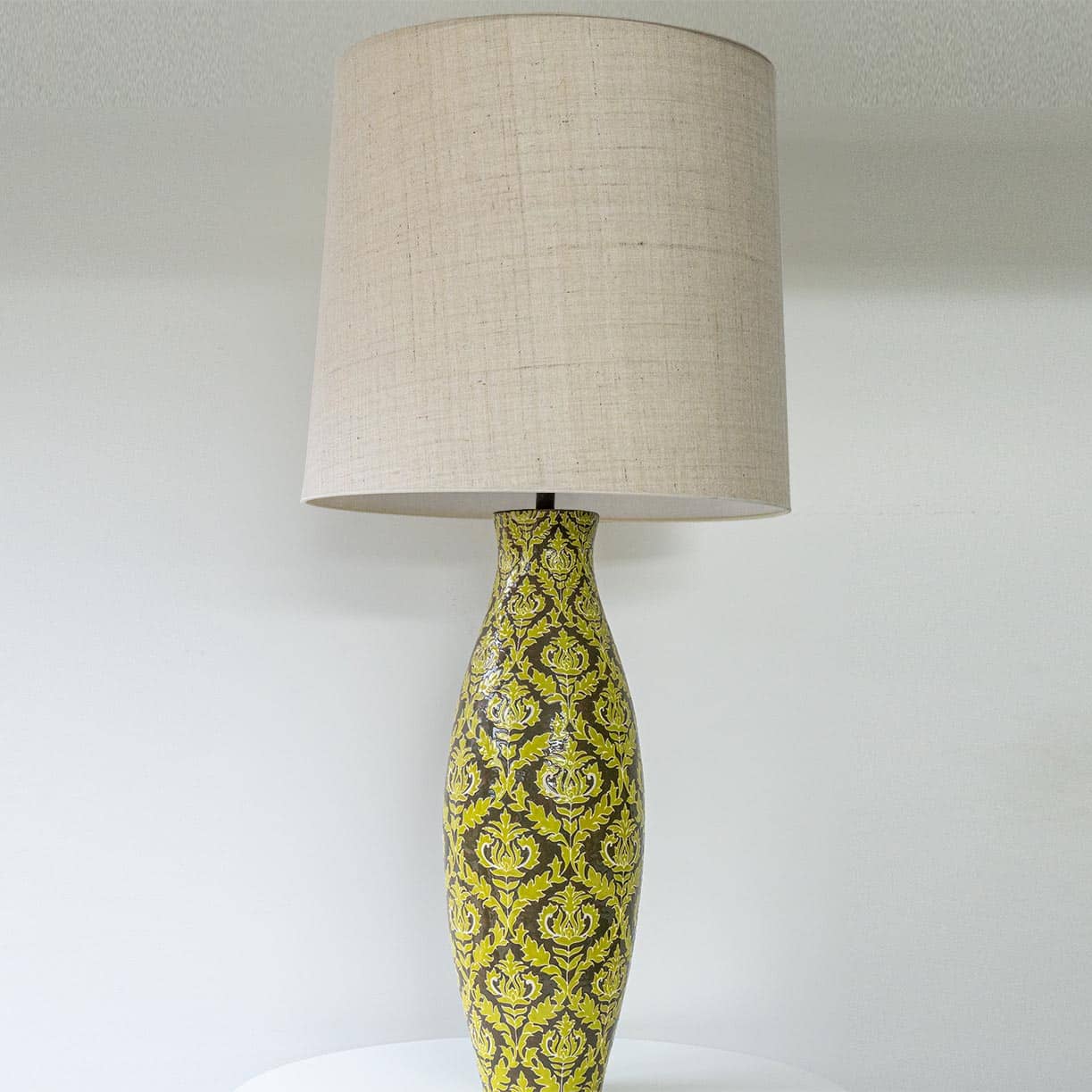 XXL Green Baroque Pattern Ceramic Lamp, Custom Matching Lampshade by R. Houben
