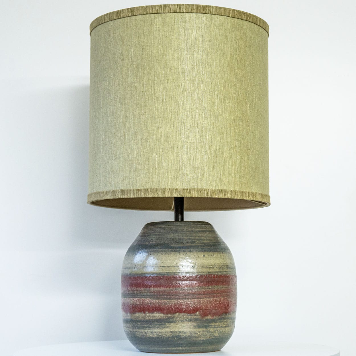 Multicolor Striped Ceramic Floor Table Lamp, Custom Green Lampshade by R. Houben