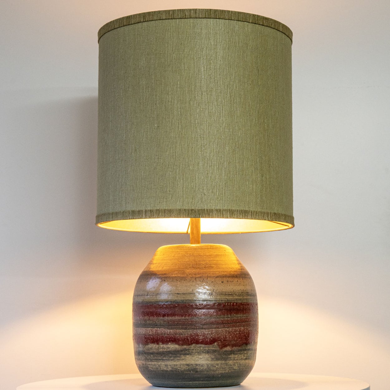 Multicolor Striped Ceramic Floor Table Lamp, Custom Green Lampshade by R. Houben
