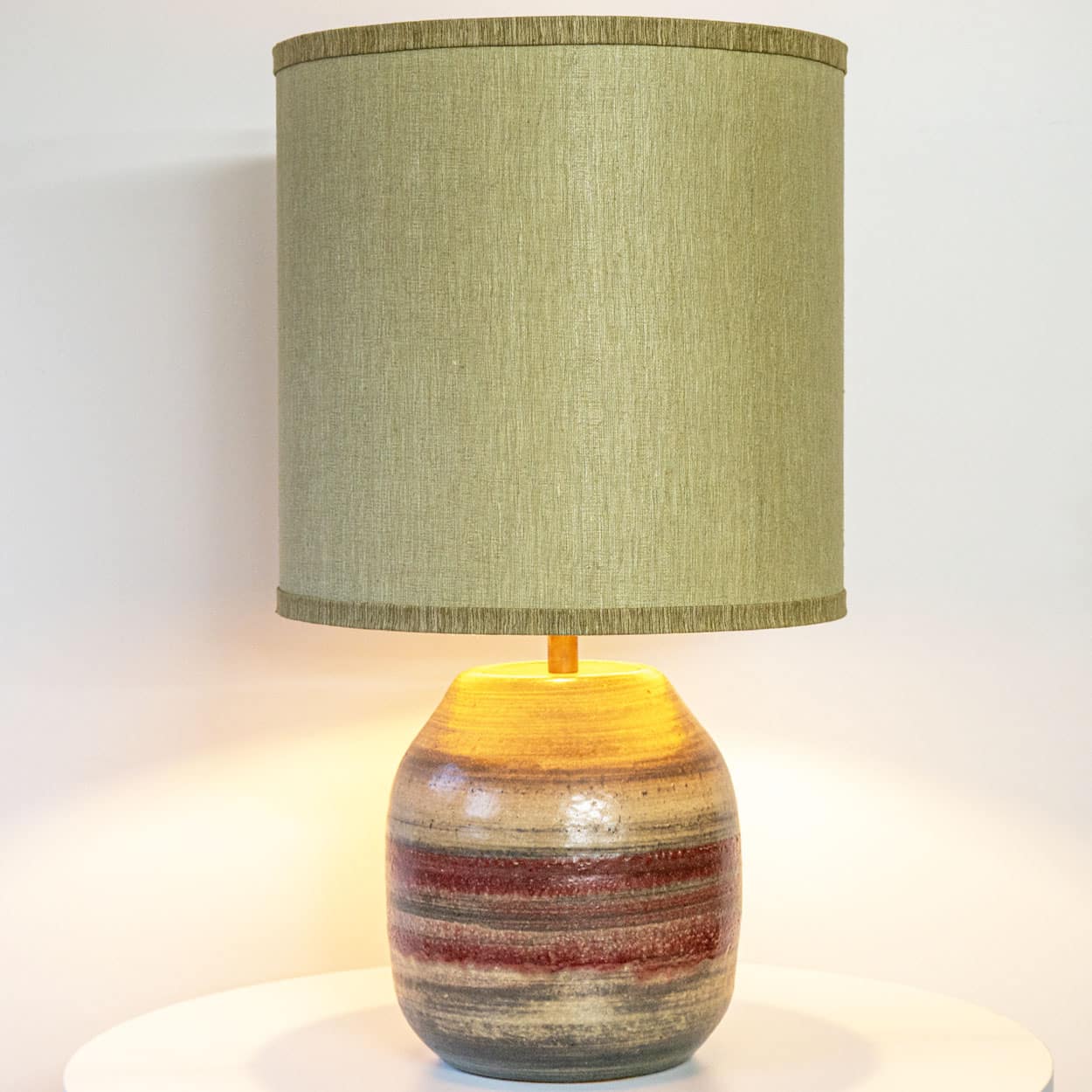 Multicolor Striped Ceramic Floor Table Lamp, Custom Green Lampshade by R. Houben