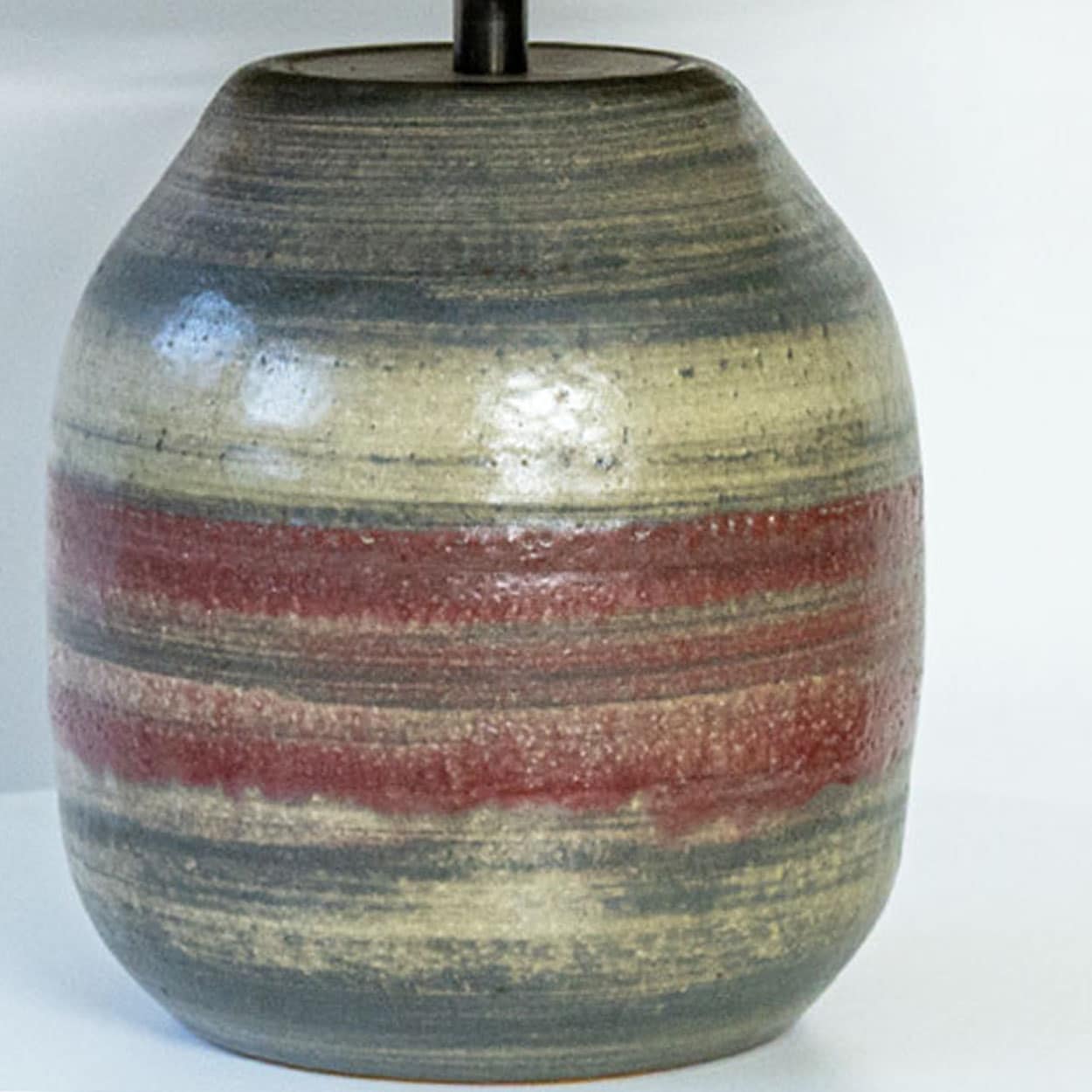 Multicolor Striped Ceramic Floor Table Lamp, Custom Green Lampshade by R. Houben