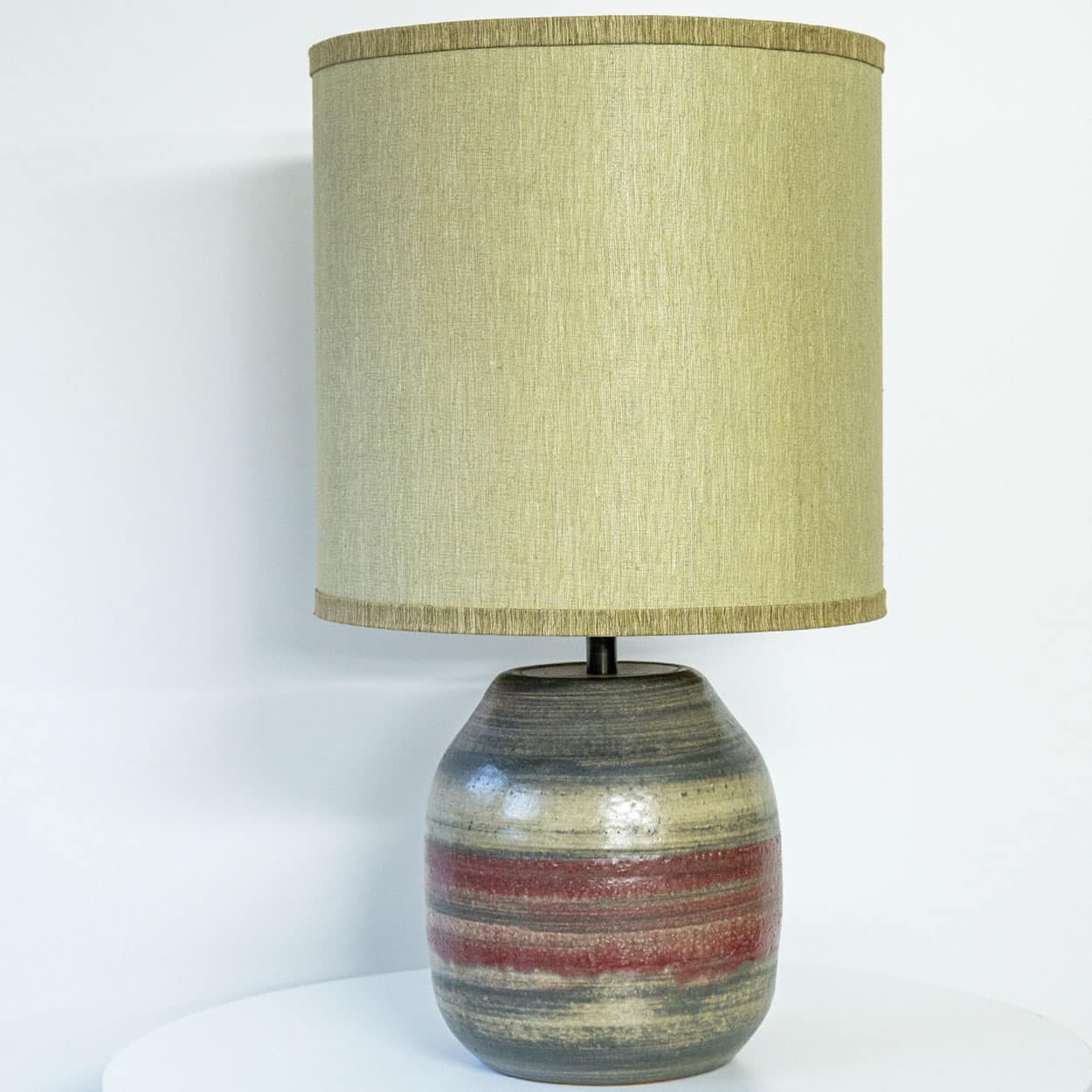 Multicolor Striped Ceramic Floor Table Lamp, Custom Green Lampshade by R. Houben