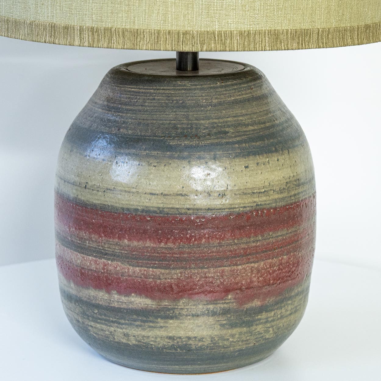 Multicolor Striped Ceramic Floor Table Lamp, Custom Green Lampshade by R. Houben