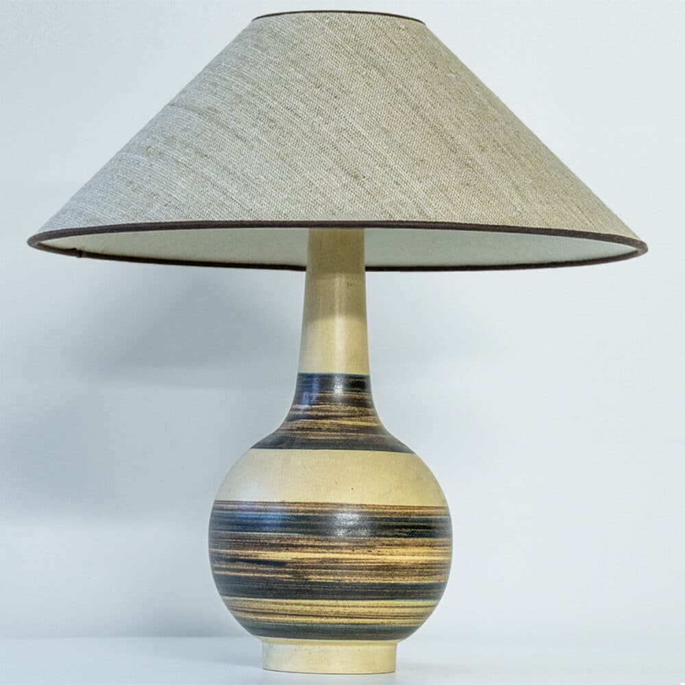 Beige Striped Ceramic Floor Table Lamp, Custom Lampshade by R. Houben