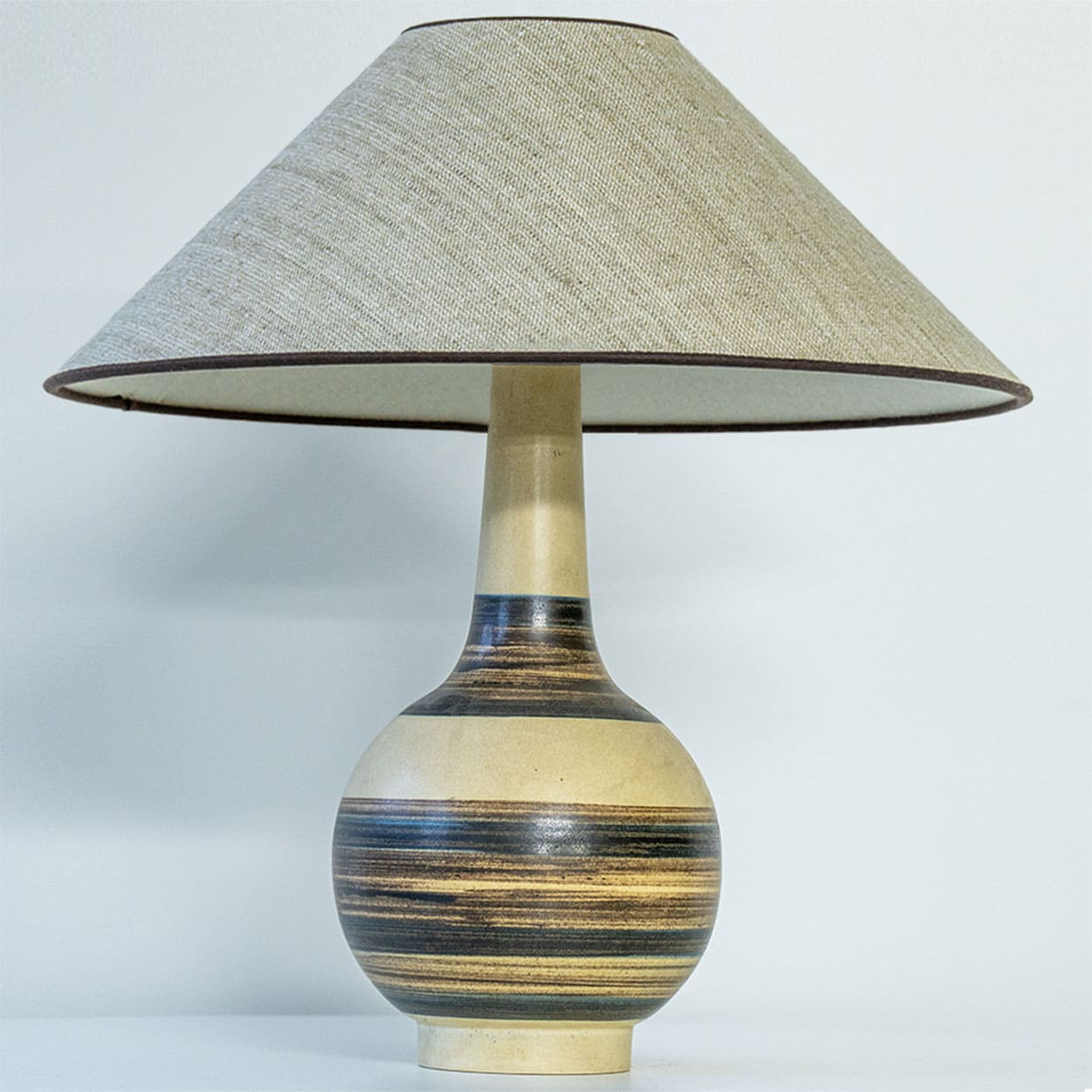 Beige Striped Ceramic Floor Table Lamp, Custom Lampshade by R. Houben