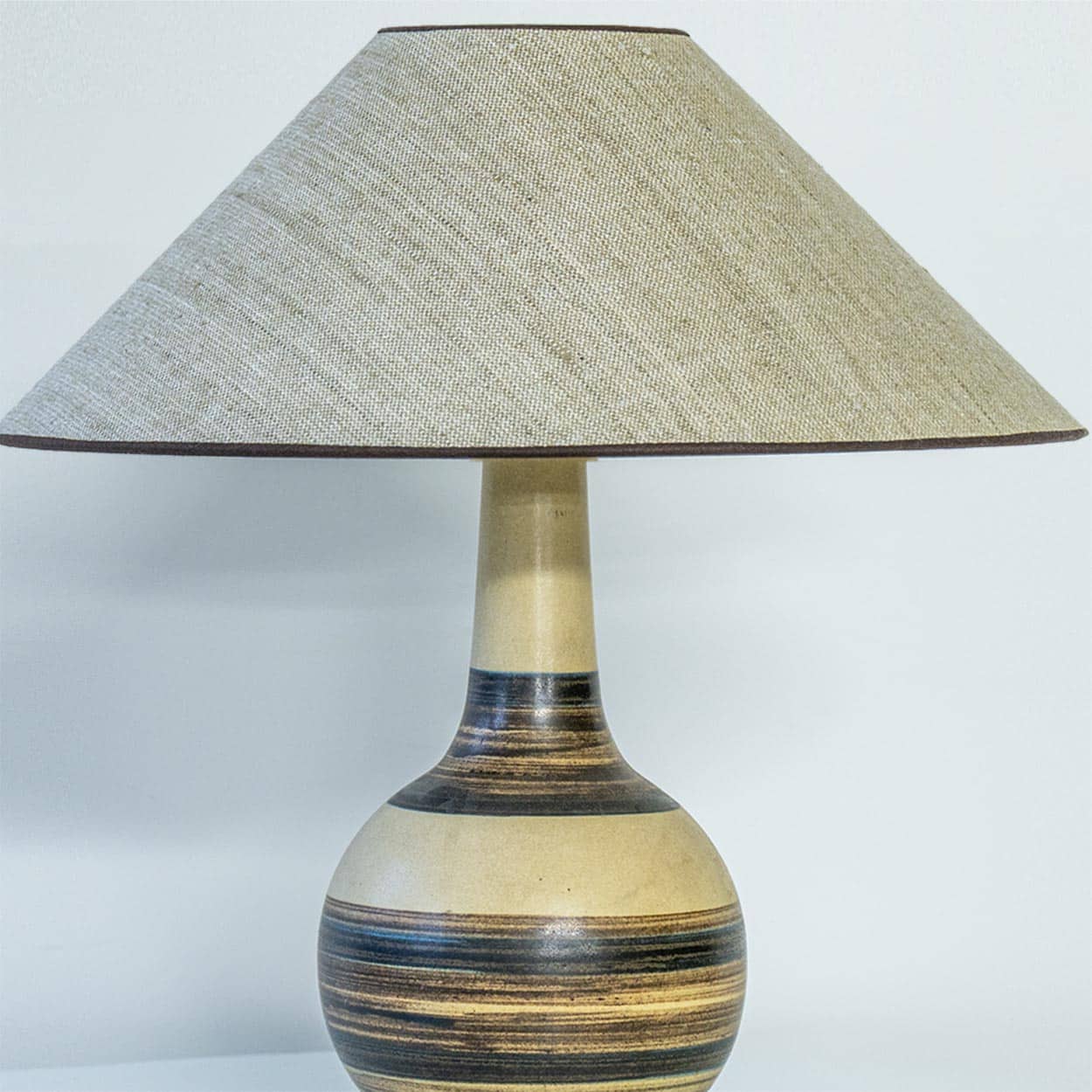 Beige Striped Ceramic Floor Table Lamp, Custom Lampshade by R. Houben