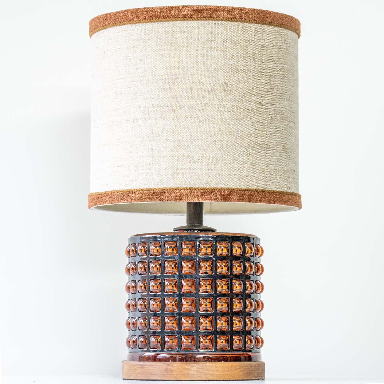 Squared Amber Glass Table Lamp, Custom Beige Lampshade by R. Houben