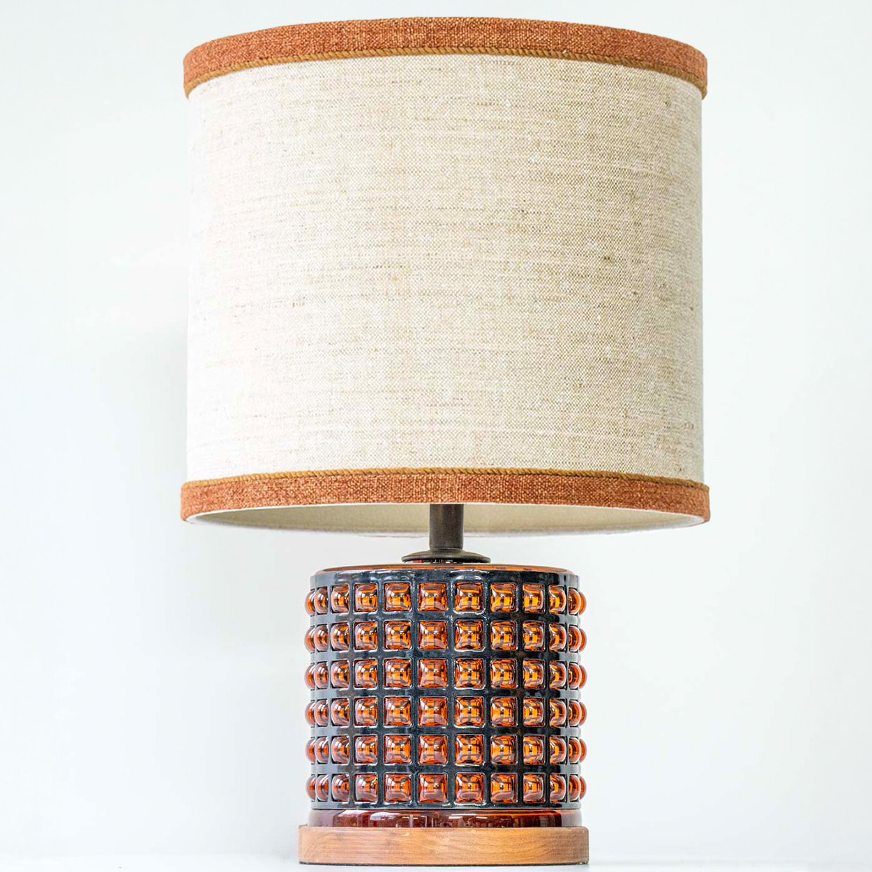 Squared Amber Glass Table Lamp, Custom Beige Lampshade by R. Houben
