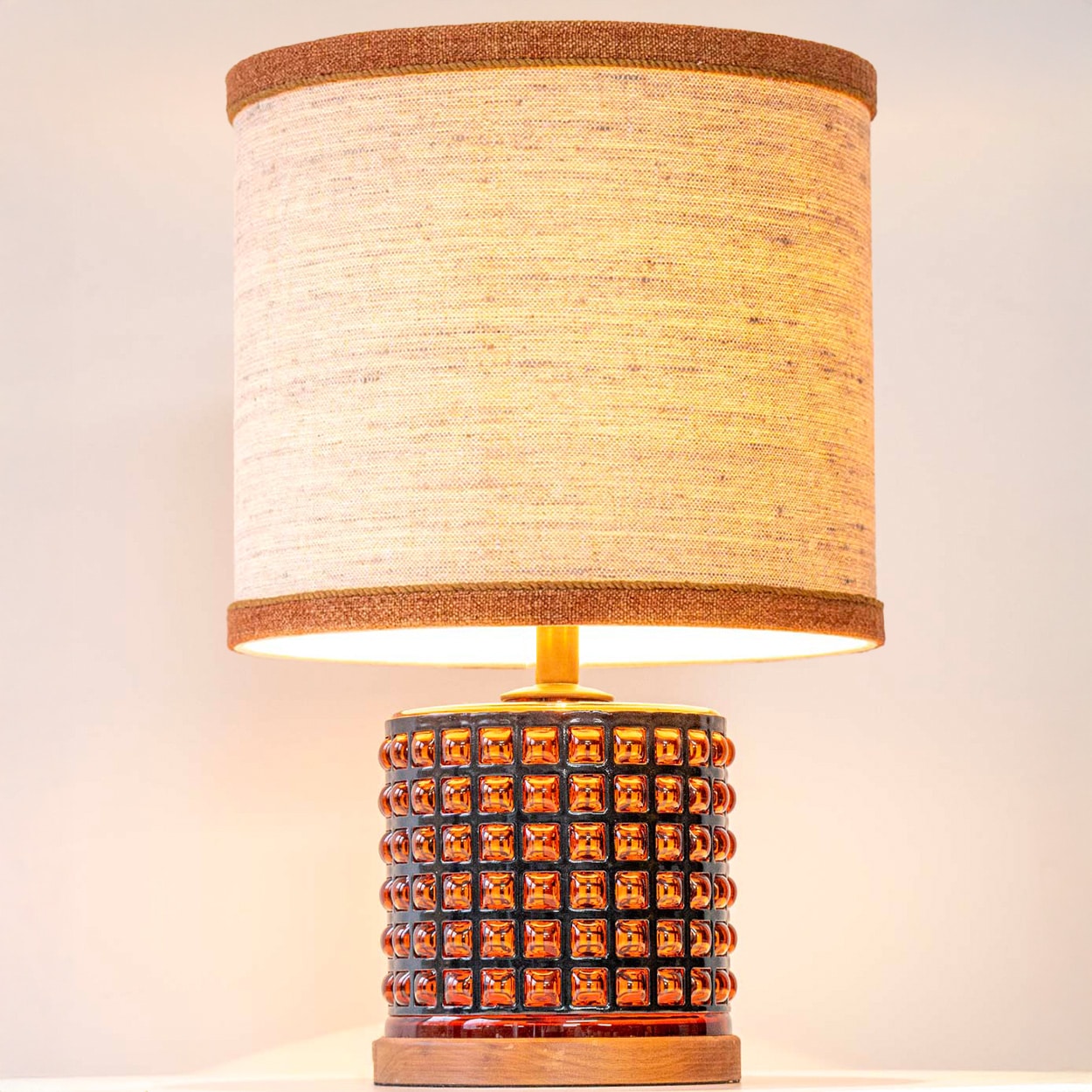 Squared Amber Glass Table Lamp, Custom Beige Lampshade by R. Houben
