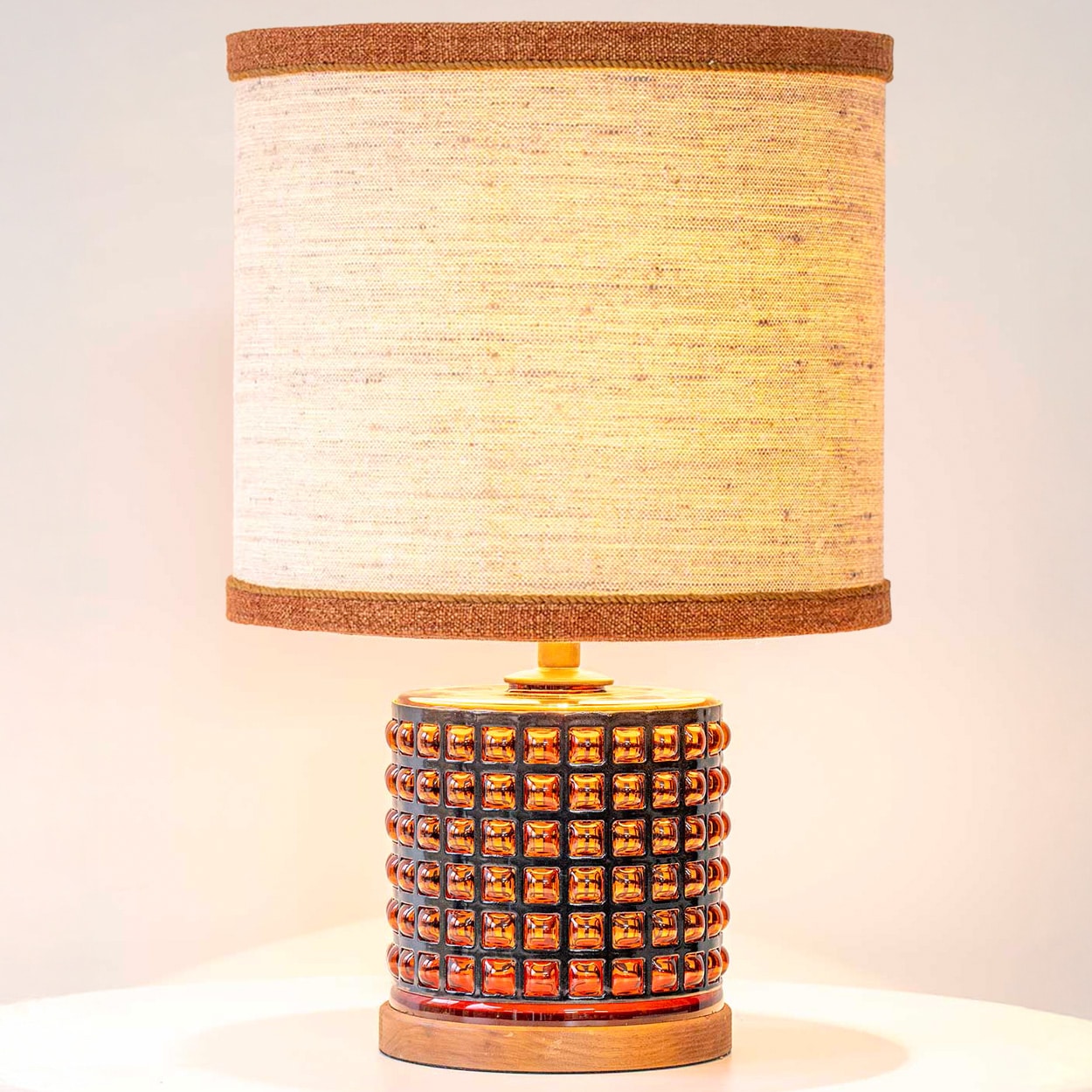 Squared Amber Glass Table Lamp, Custom Beige Lampshade by R. Houben