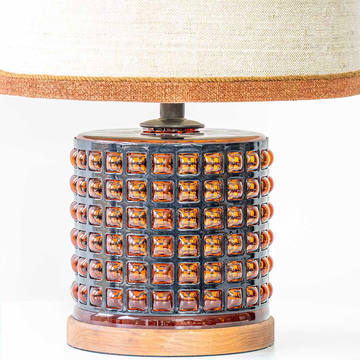 Squared Amber Glass Table Lamp, Custom Beige Lampshade by R. Houben