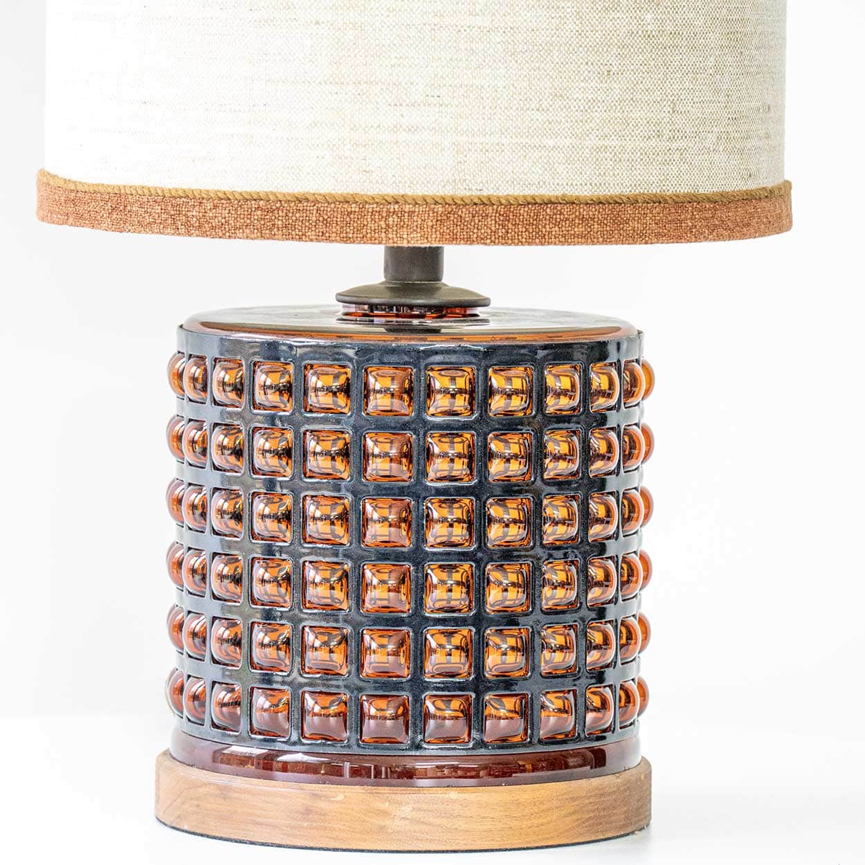 Squared Amber Glass Table Lamp, Custom Beige Lampshade by R. Houben