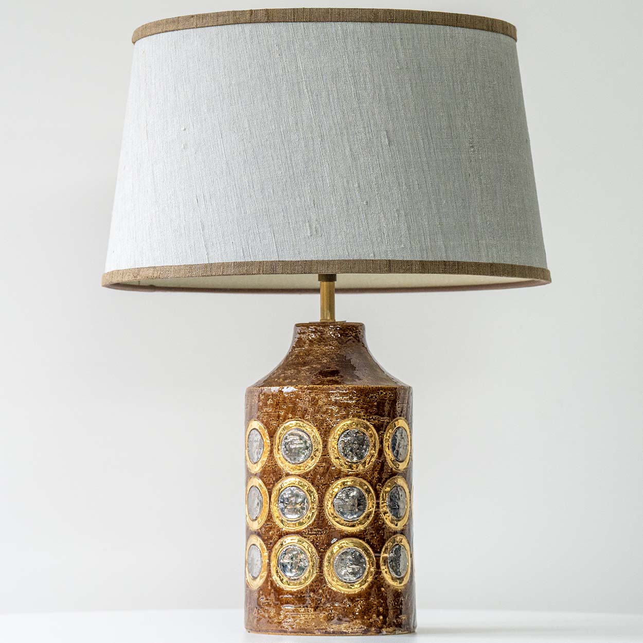 Bitossi Brown Gold Silver Ceramic Lamp, Custom Natural Lampshade by R. Houben