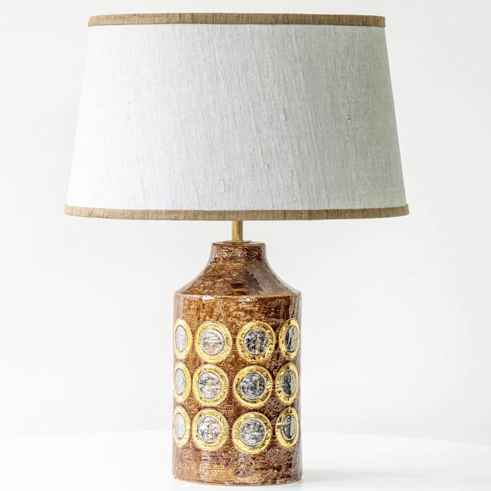 Bitossi Brown Gold Silver Ceramic Lamp, Custom Natural Lampshade by R. Houben