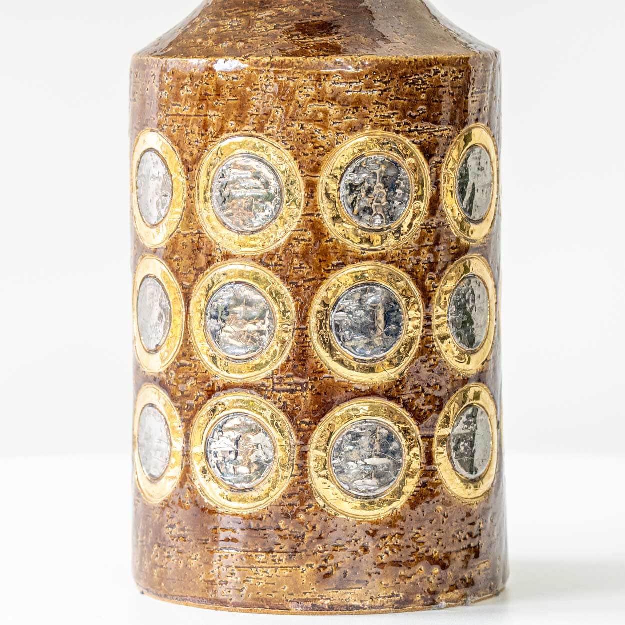 Bitossi Brown Gold Silver Ceramic Lamp, Custom Natural Lampshade by R. Houben