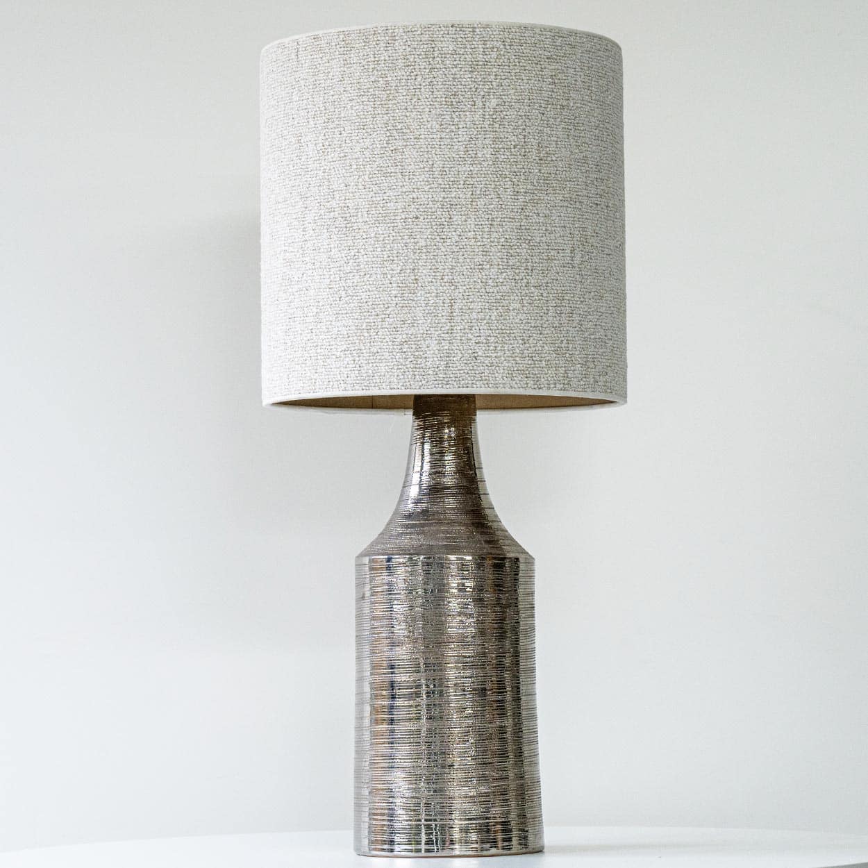 Bitossi Silver Ceramic Lamp, Custom Natural Lampshade by R. Houben