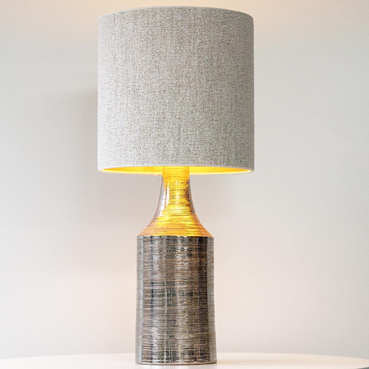 Bitossi Silver Ceramic Lamp, Custom Beige Lampshade by R. Houben