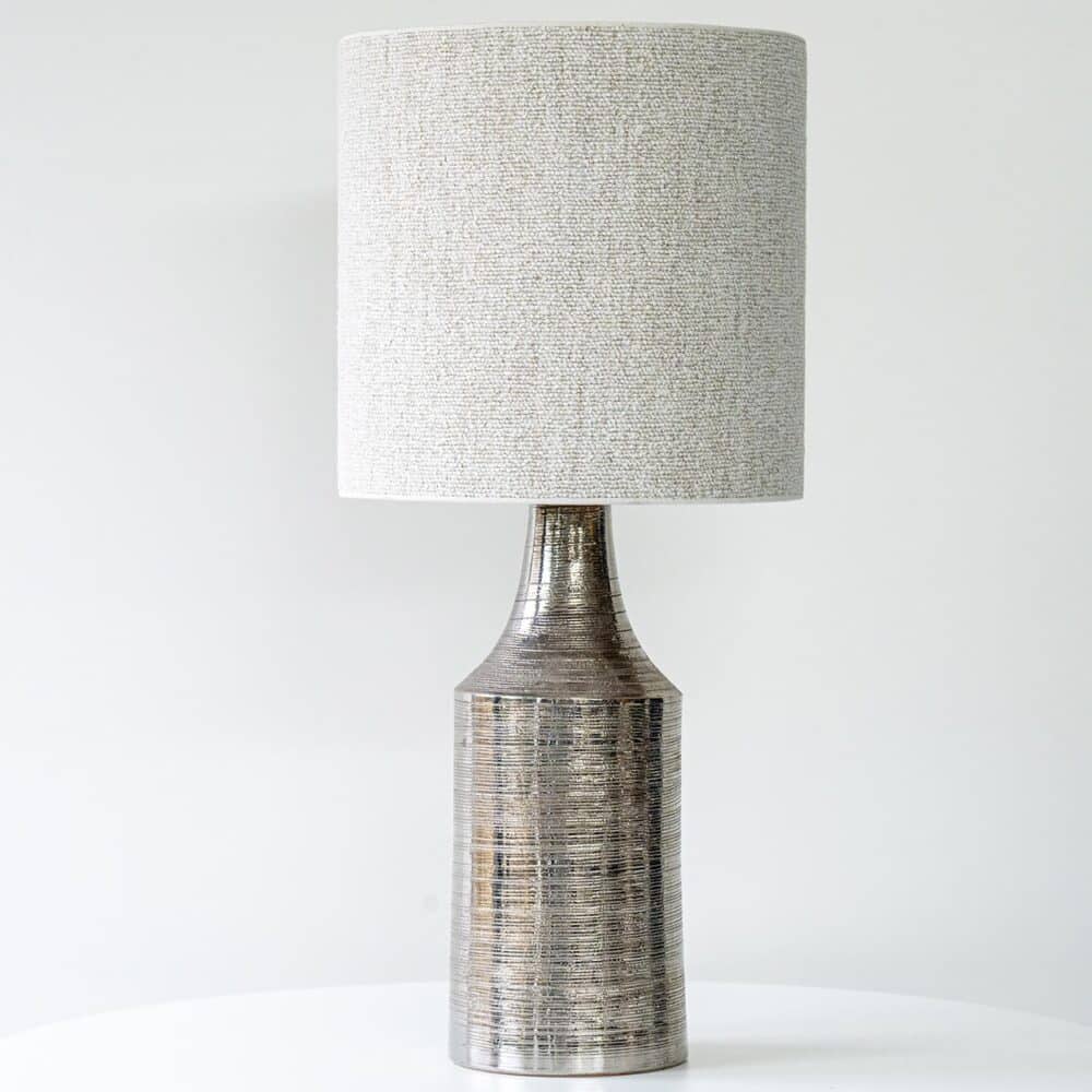 Bitossi Silver Ceramic Lamp, Custom Natural Lampshade by R. Houben