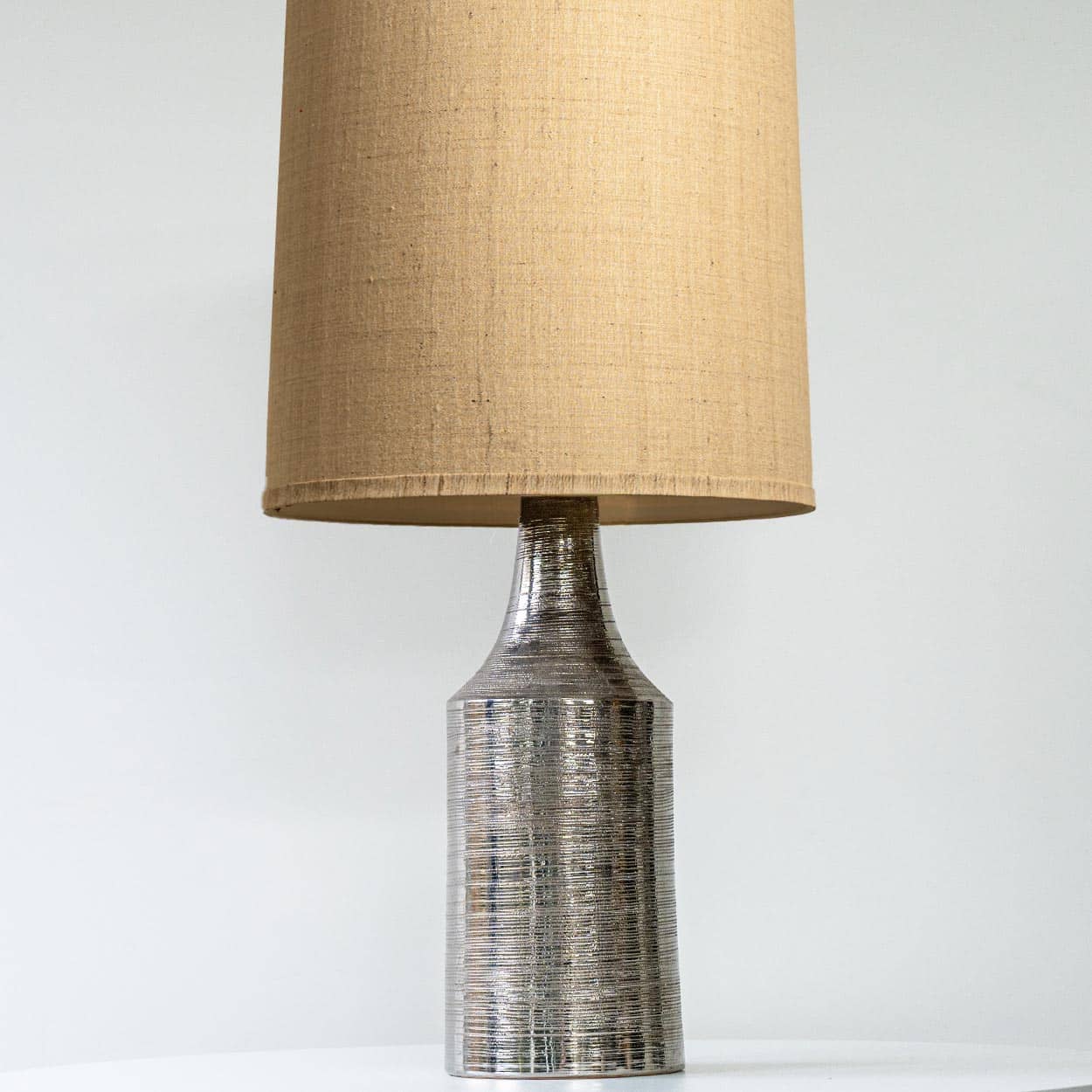 Bitossi Silver Ceramic Lamp, Custom Beige Lampshade by R. Houben