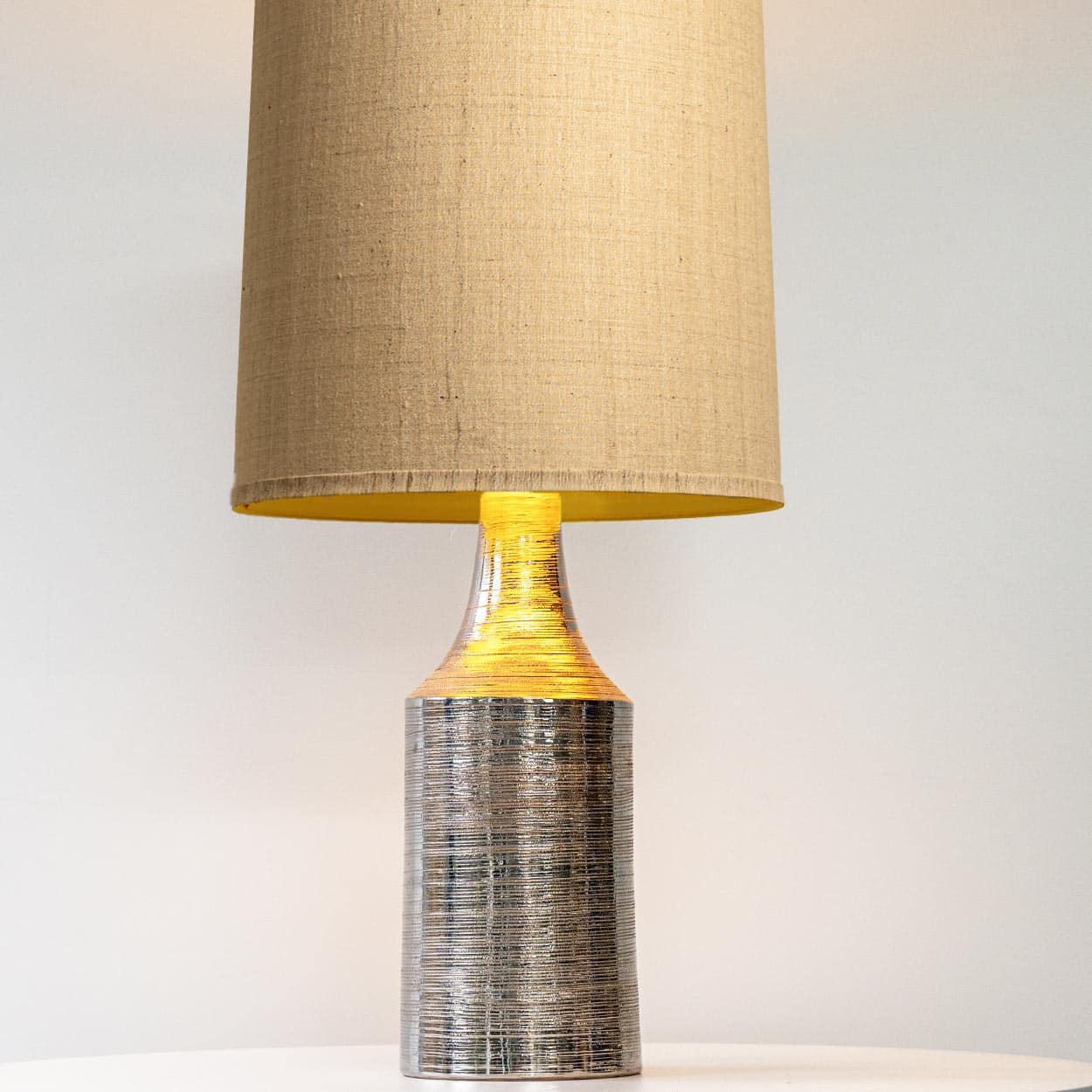 Bitossi Silver Ceramic Lamp, Custom Natural Lampshade by R. Houben