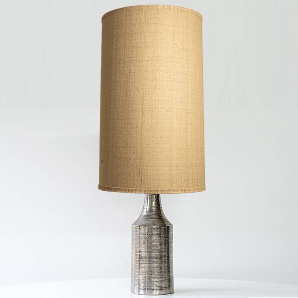 Bitossi Silver Ceramic Lamp, Custom Beige Lampshade by R. Houben
