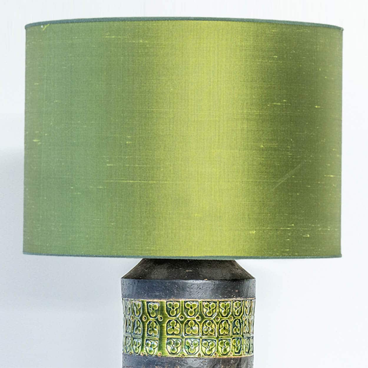Bitossi Style Green Ceramic Lamp, Custom Green Silk Lampshade by R. Houben