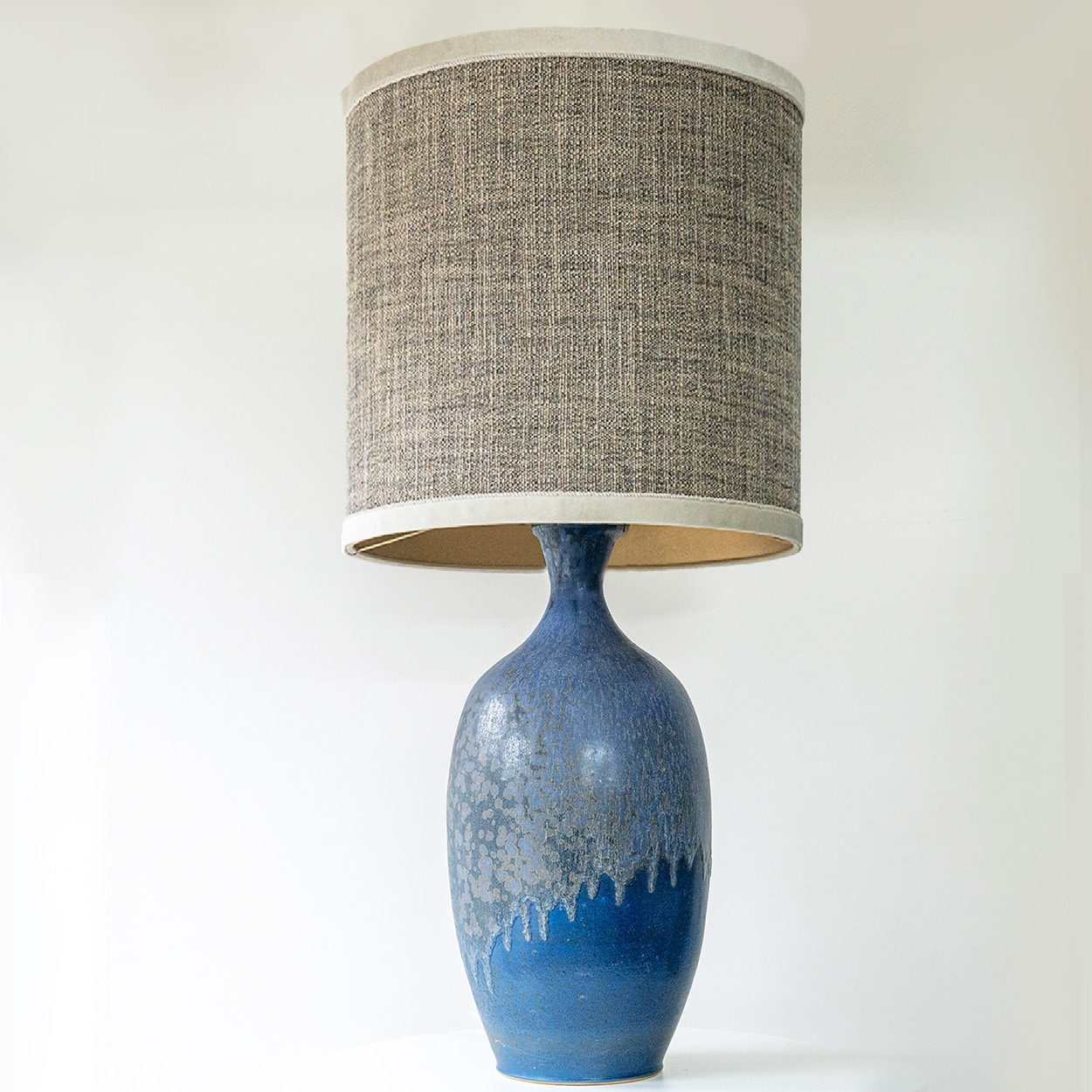XXL Blue Ceramic Floor Table Lamp, Custom Beige Lampshade by R. Houben