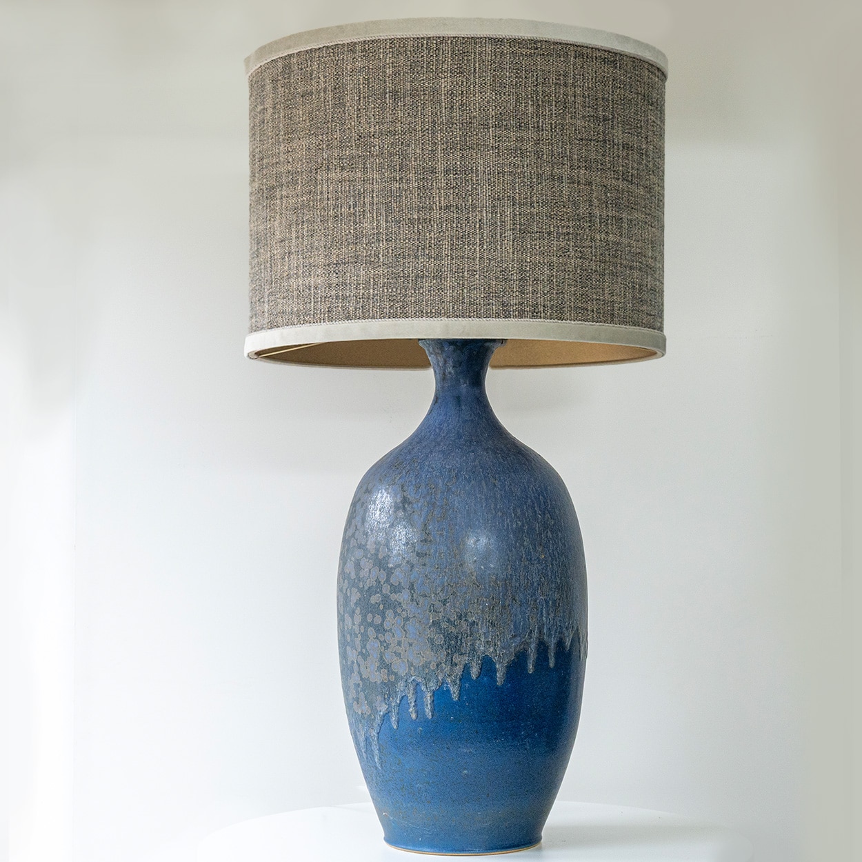 XXL Blue Ceramic Floor Table Lamp, Custom Beige Lampshade by R. Houben