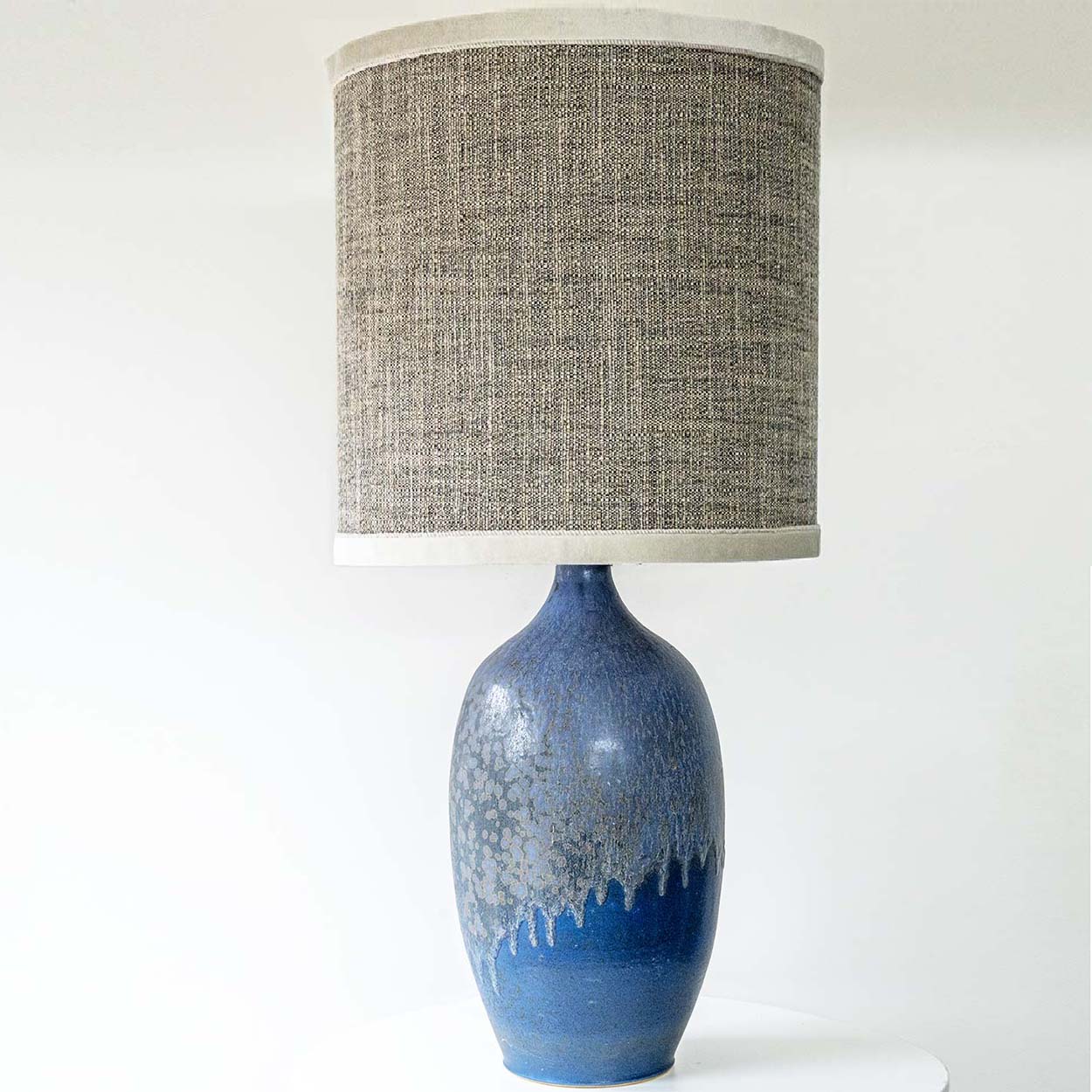 XXL Blue Ceramic Floor Table Lamp, Custom Beige Lampshade by R. Houben