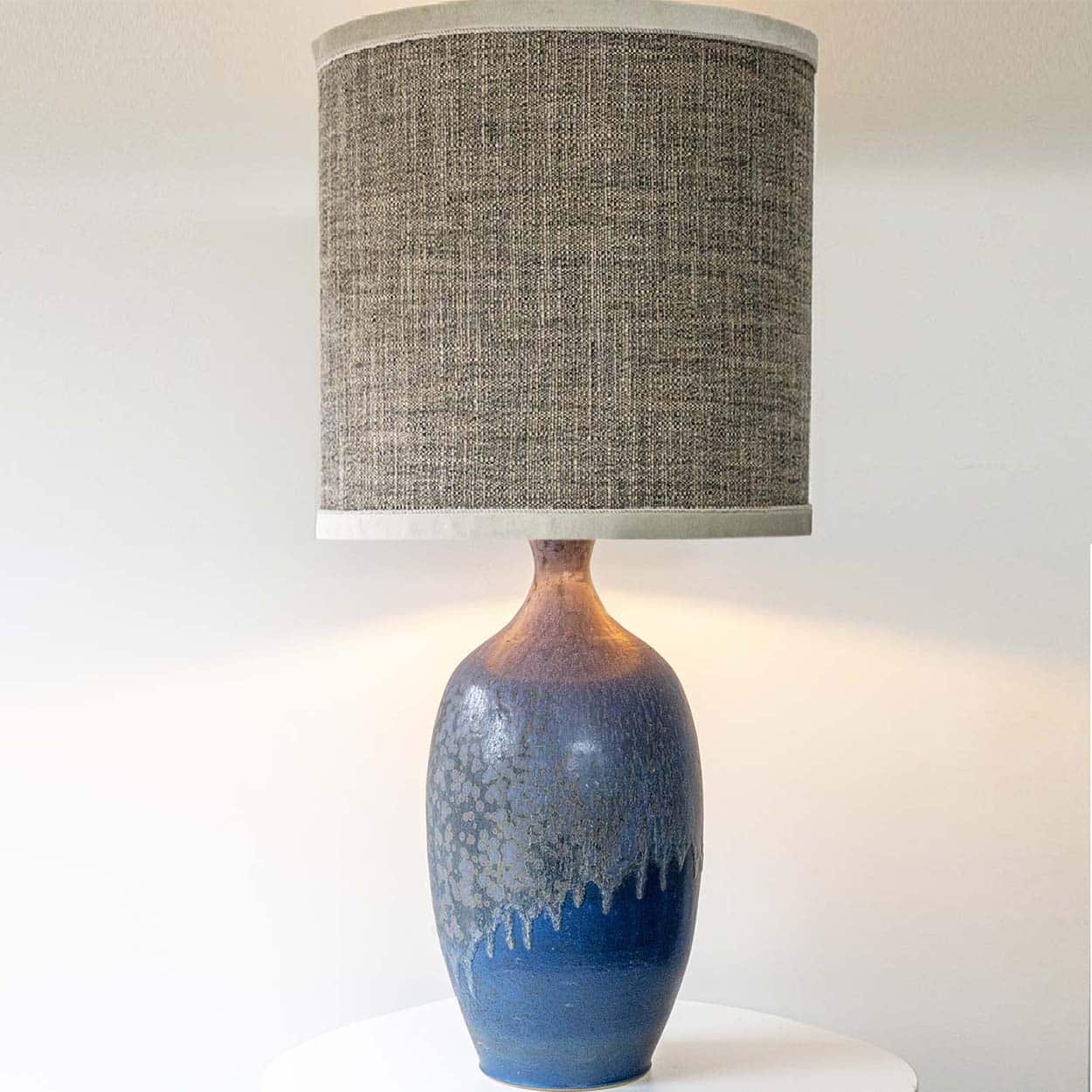 XXL Blue Ceramic Floor Table Lamp, Custom Beige Lampshade by R. Houben