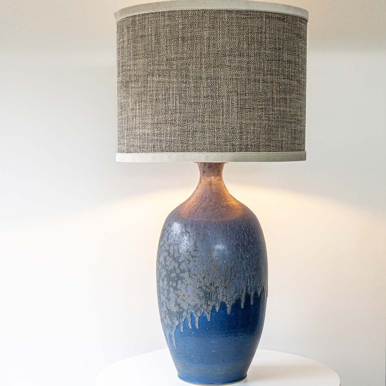 XXL Blue Ceramic Floor Table Lamp, Custom Beige Lampshade by R. Houben