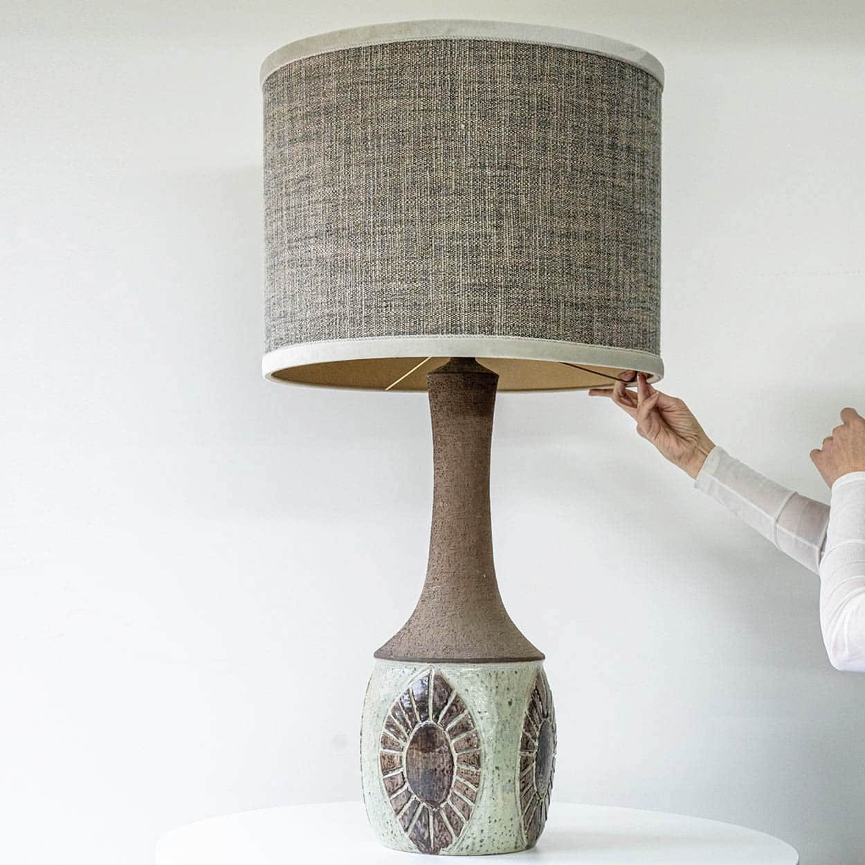 Chris Haslev Green Ceramic Lamp, Custom Neutral Lampshade by R. Houben