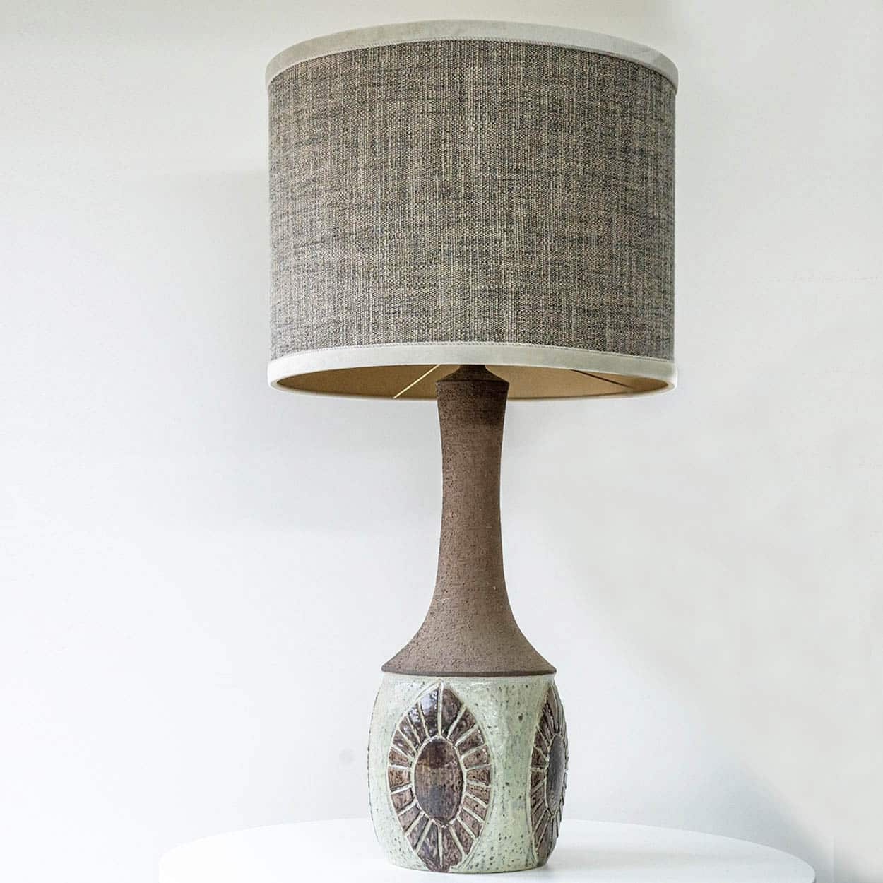Chris Haslev Green Ceramic Lamp, Custom Neutral Lampshade by R. Houben