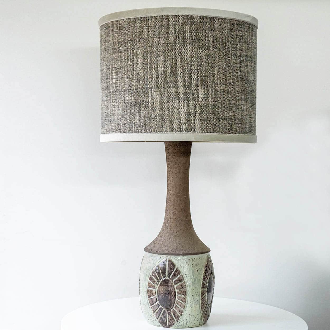 Chris Haslev Green Ceramic Lamp, Custom Neutral Lampshade by R. Houben