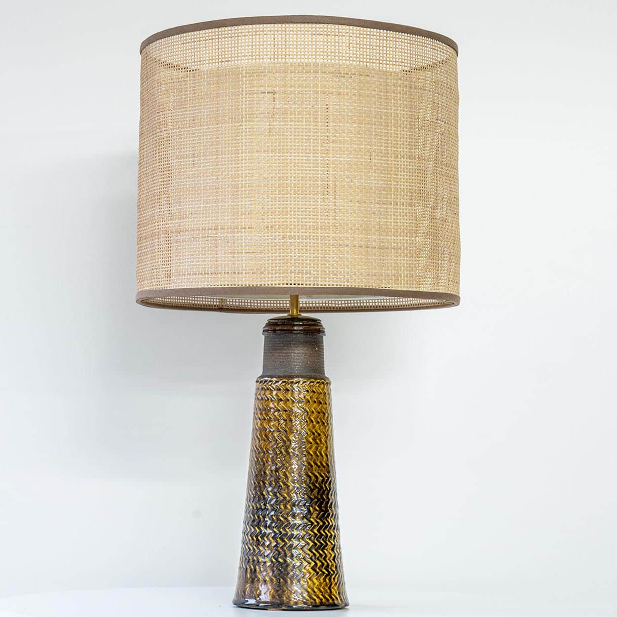 Brown Ceramic Lamp Bitossi,  Custom Double Silk Rattan Lampshade by R. Houben