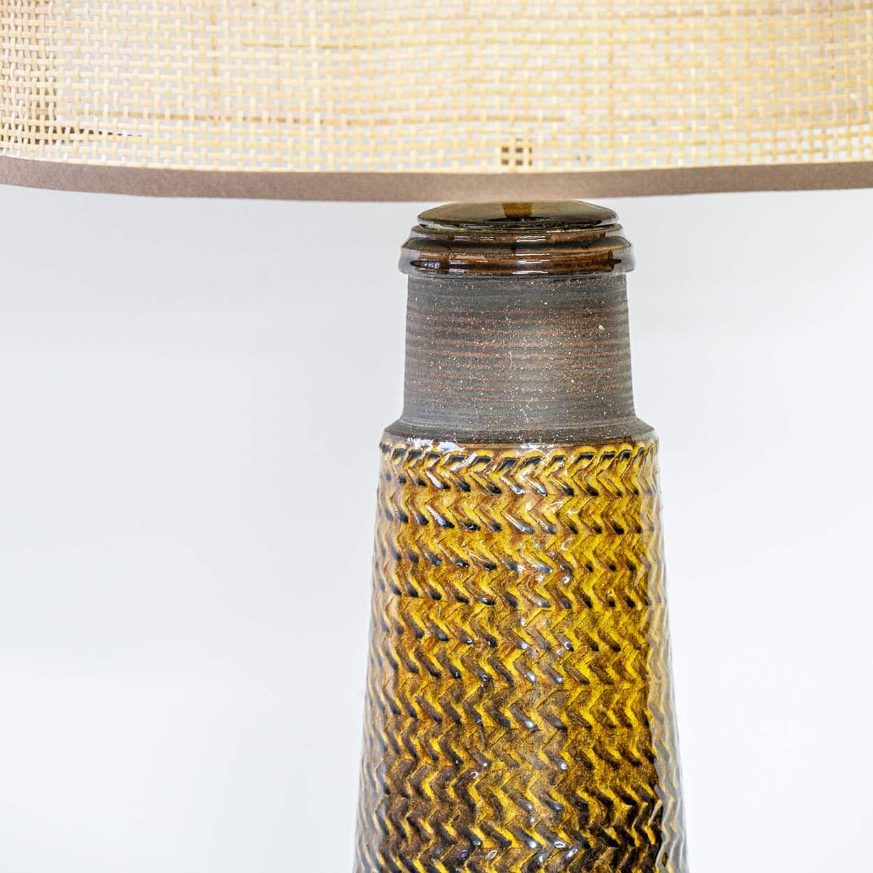 Brown Ceramic Lamp Bitossi,  Custom Double Silk Rattan Lampshade by R. Houben